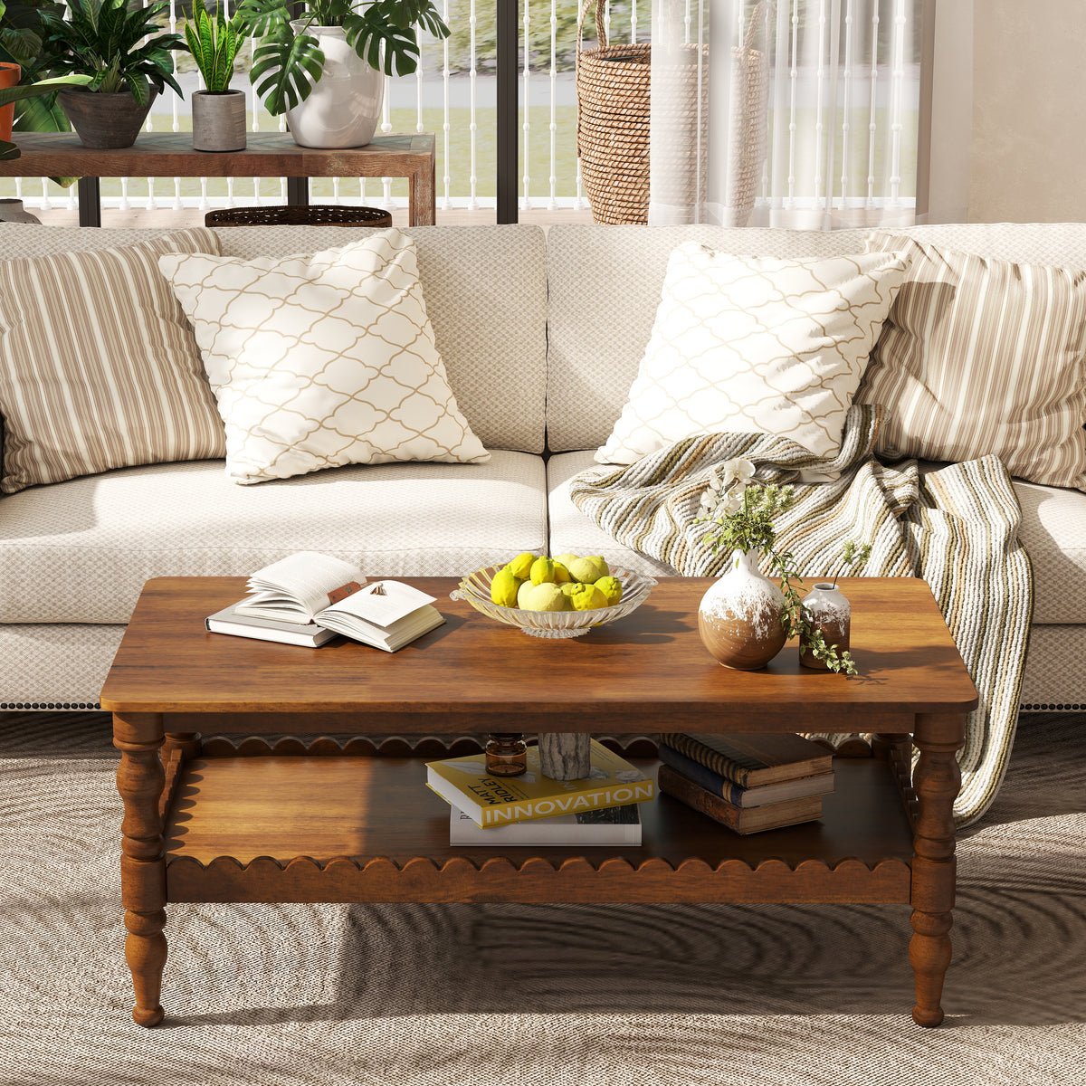 Rectangle Coffee Table Solid Wood Coffee Table with Storage Shelf,Farmhouse 2-Tier Center Table Lacquered Classical Legs,Easy Assembly Apartment Center Sofa Table  for Living Room
