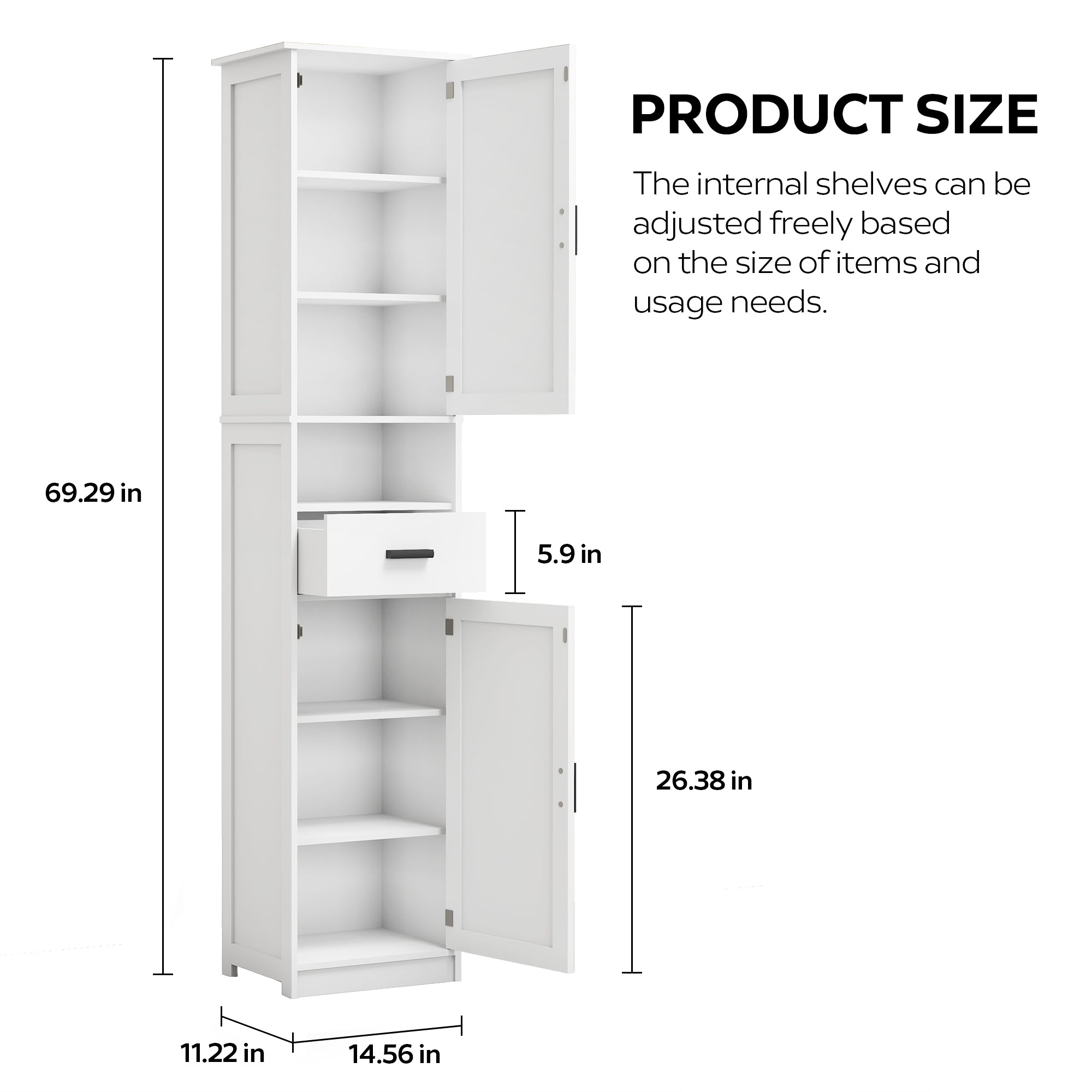 69" H Tall Bathroom Storage Cabinet with 2 Barn Doors and 1 Drawer