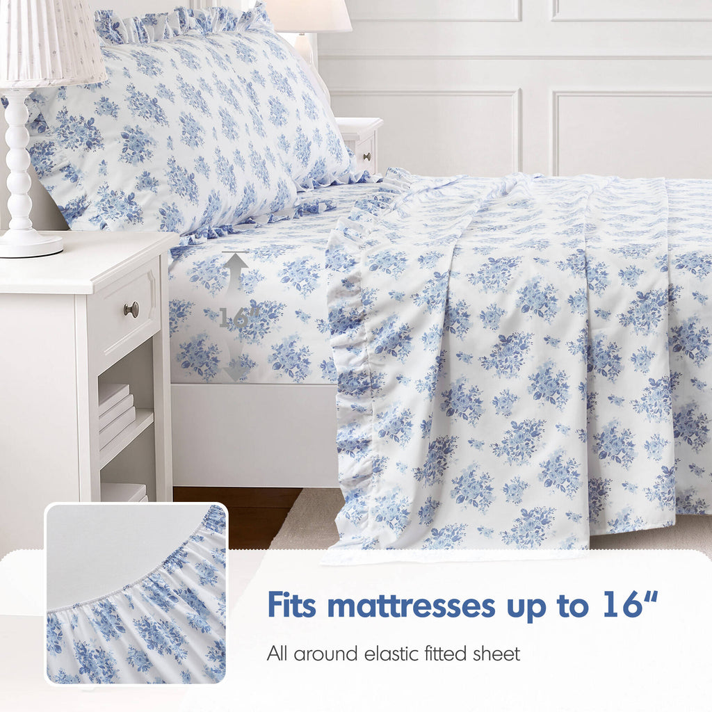 4-Piece King Microfiber Sheet Set, Blue Floral, Ruffled Hem