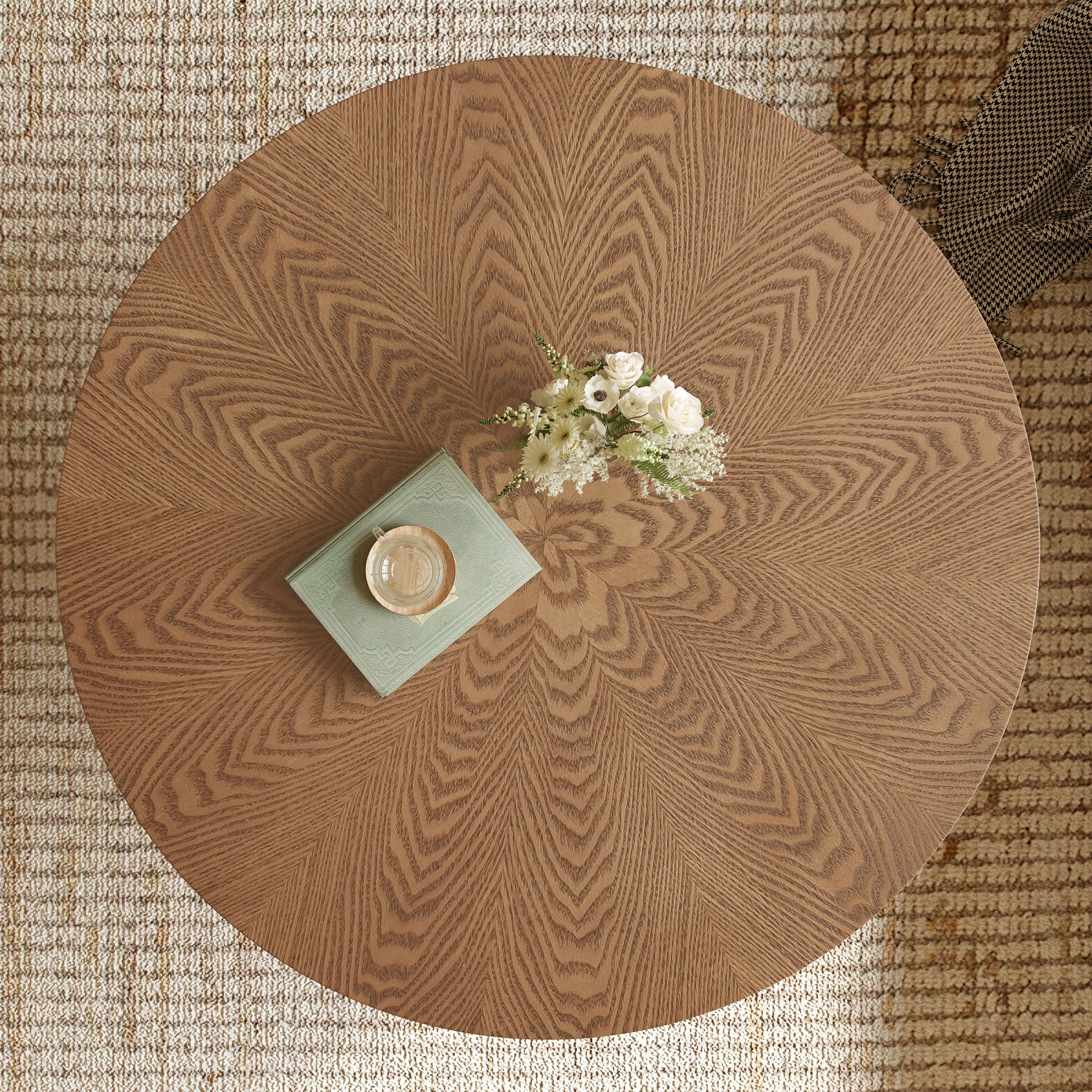 31.5 Inches Round Rustic Ash Wood Veneer Coffee Table