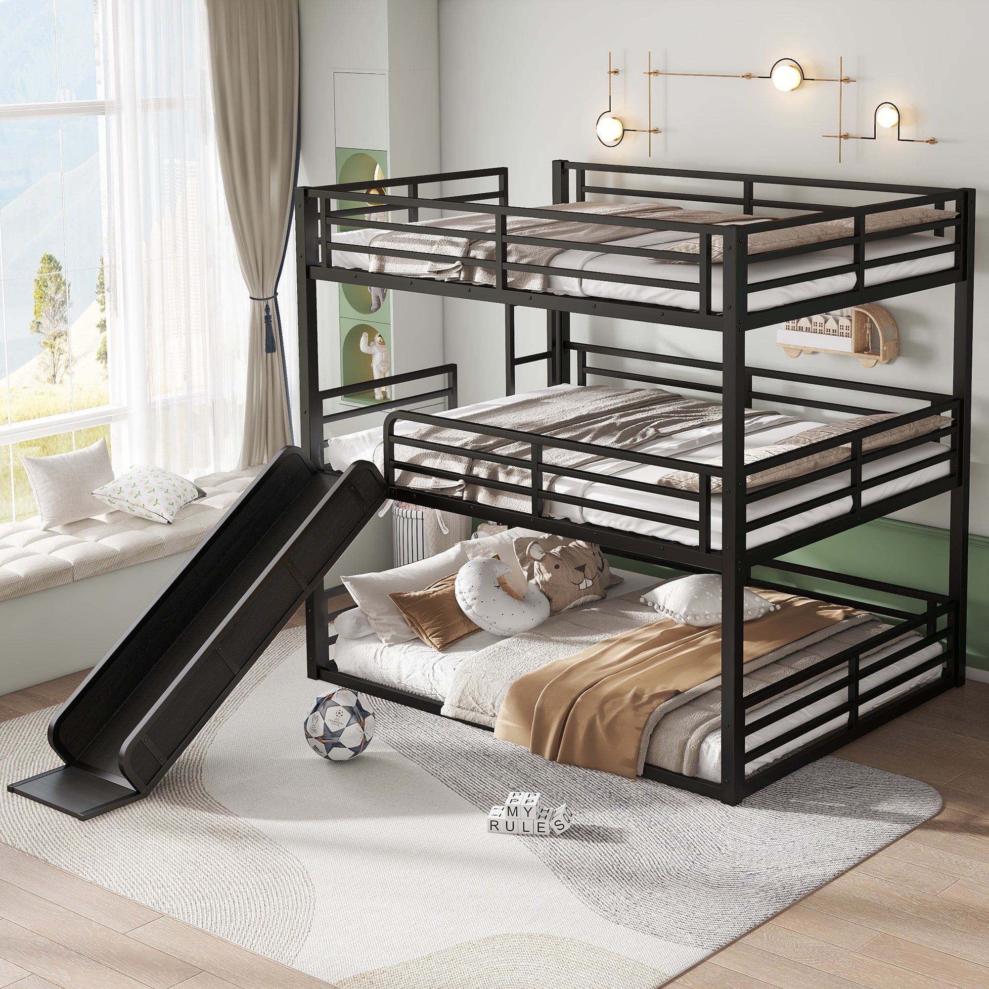 Queen Over Queen Over Queen Bunk Bed with Slide