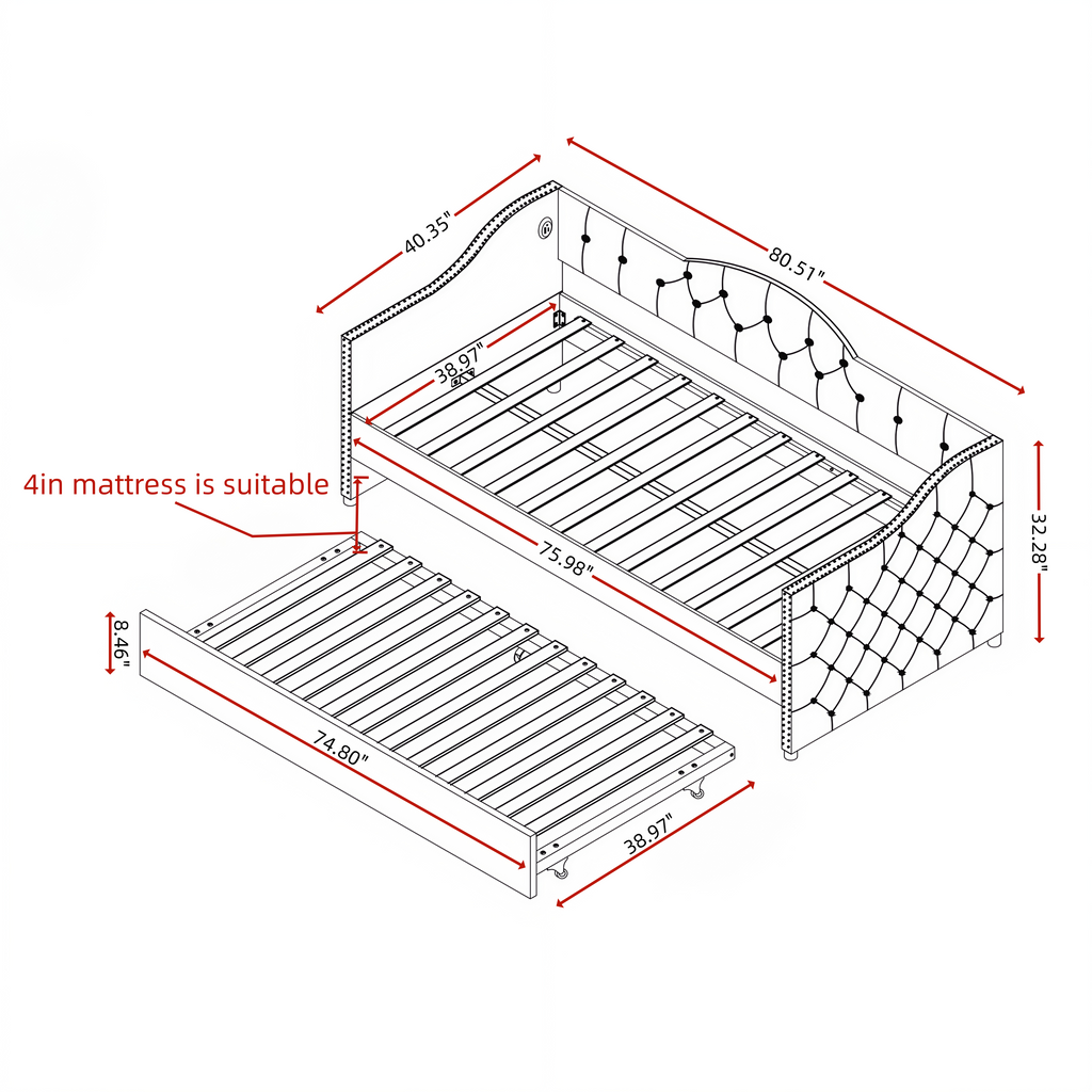 Twin Size Upholstered Daybed with Trundle and USB Charging Design