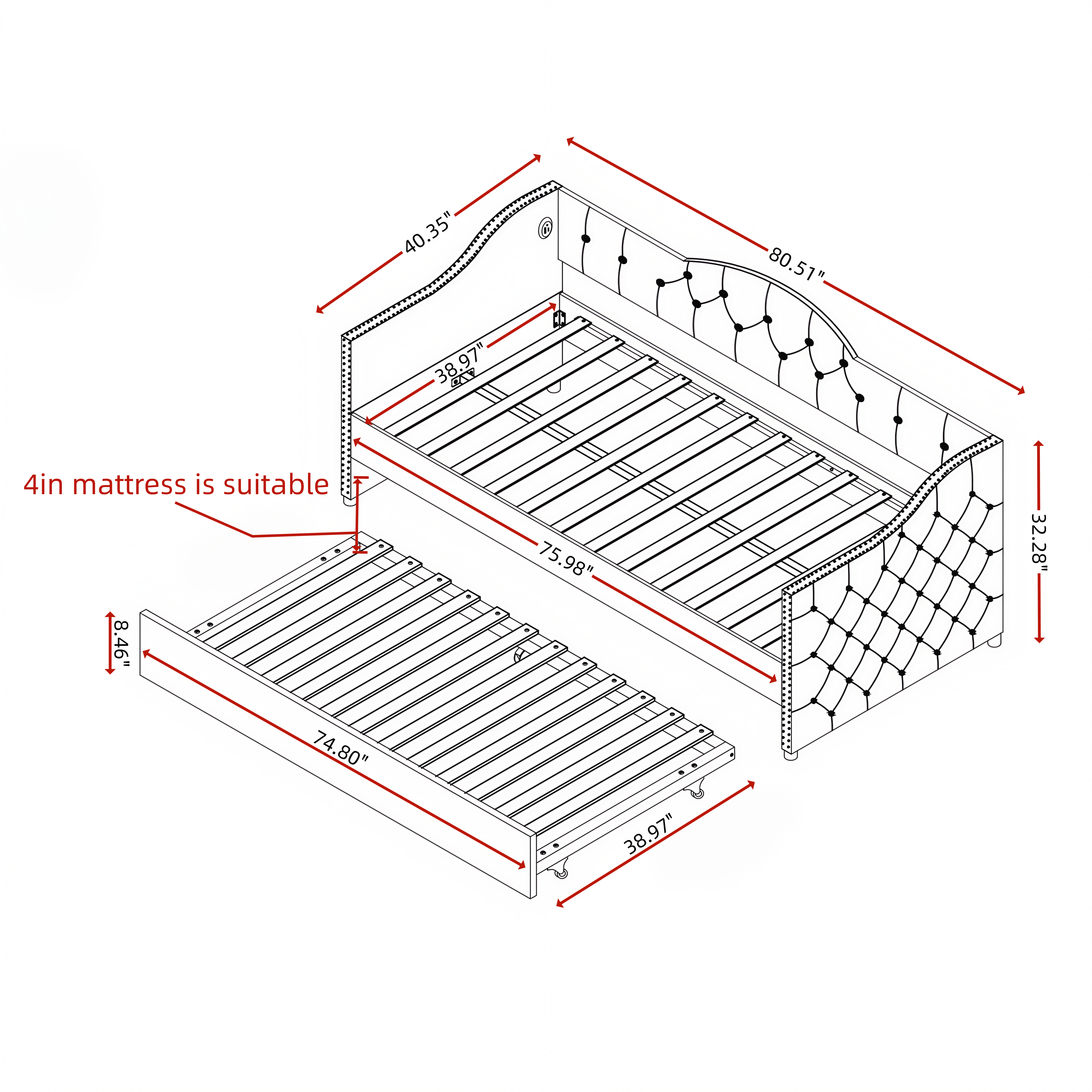 Twin Size Upholstered Daybed with Trundle and USB Charging Design