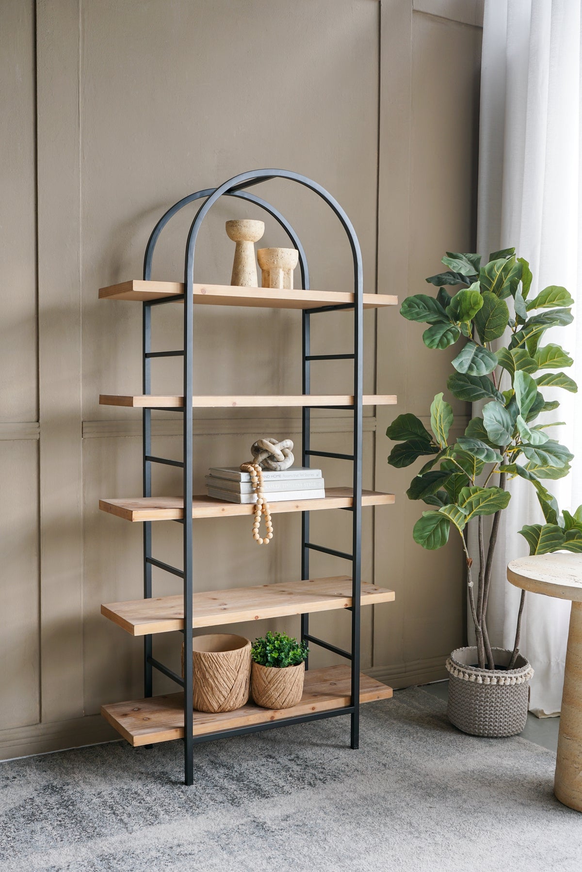 Tall Arched Wood and Iron Display Shelf