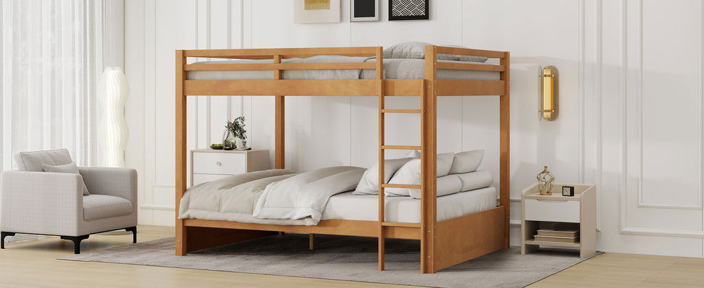 Wood Queen Size Bunk Bed with Ladder, Wood Color