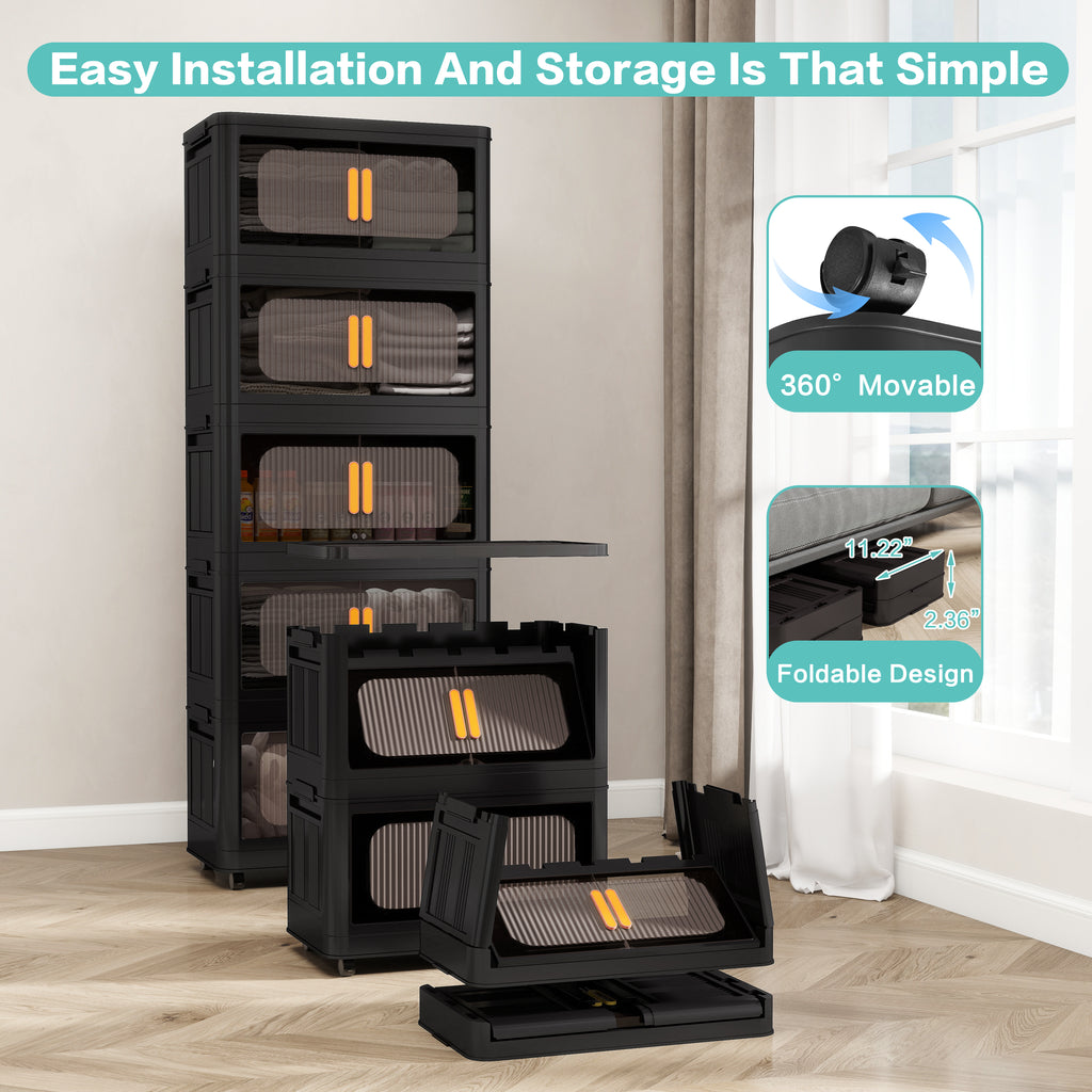 Black 24" Side Wide Folding Storage Cabinet - 5 Tiers