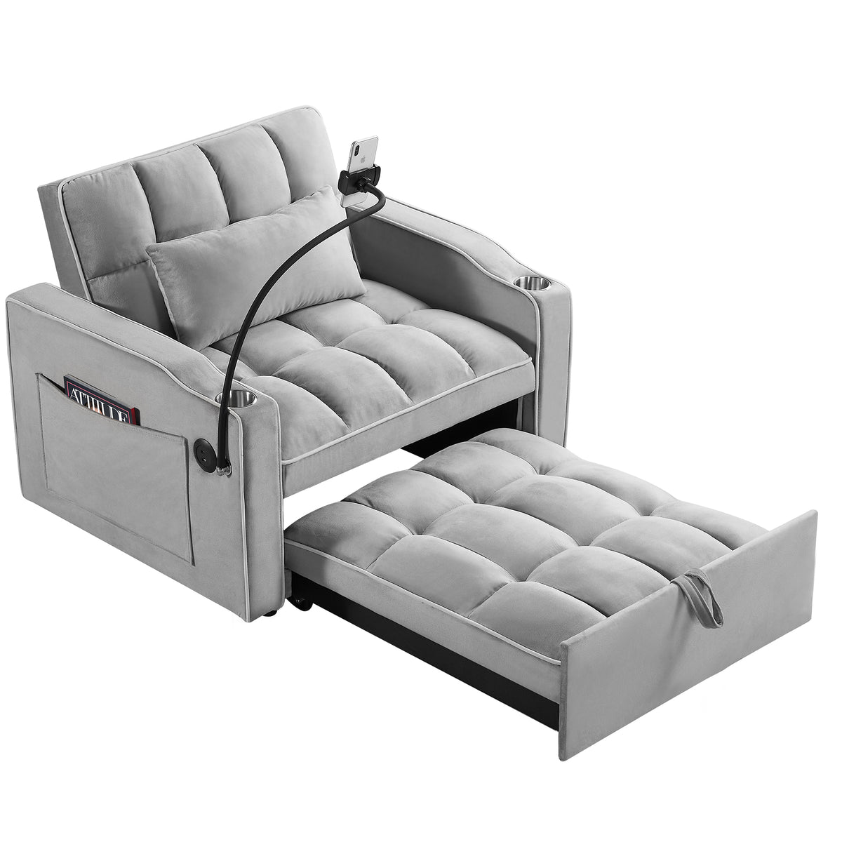 Convertible Sleeper Chair Sofa Bed, Grey Velvet, 42-Inch, 3-in-1