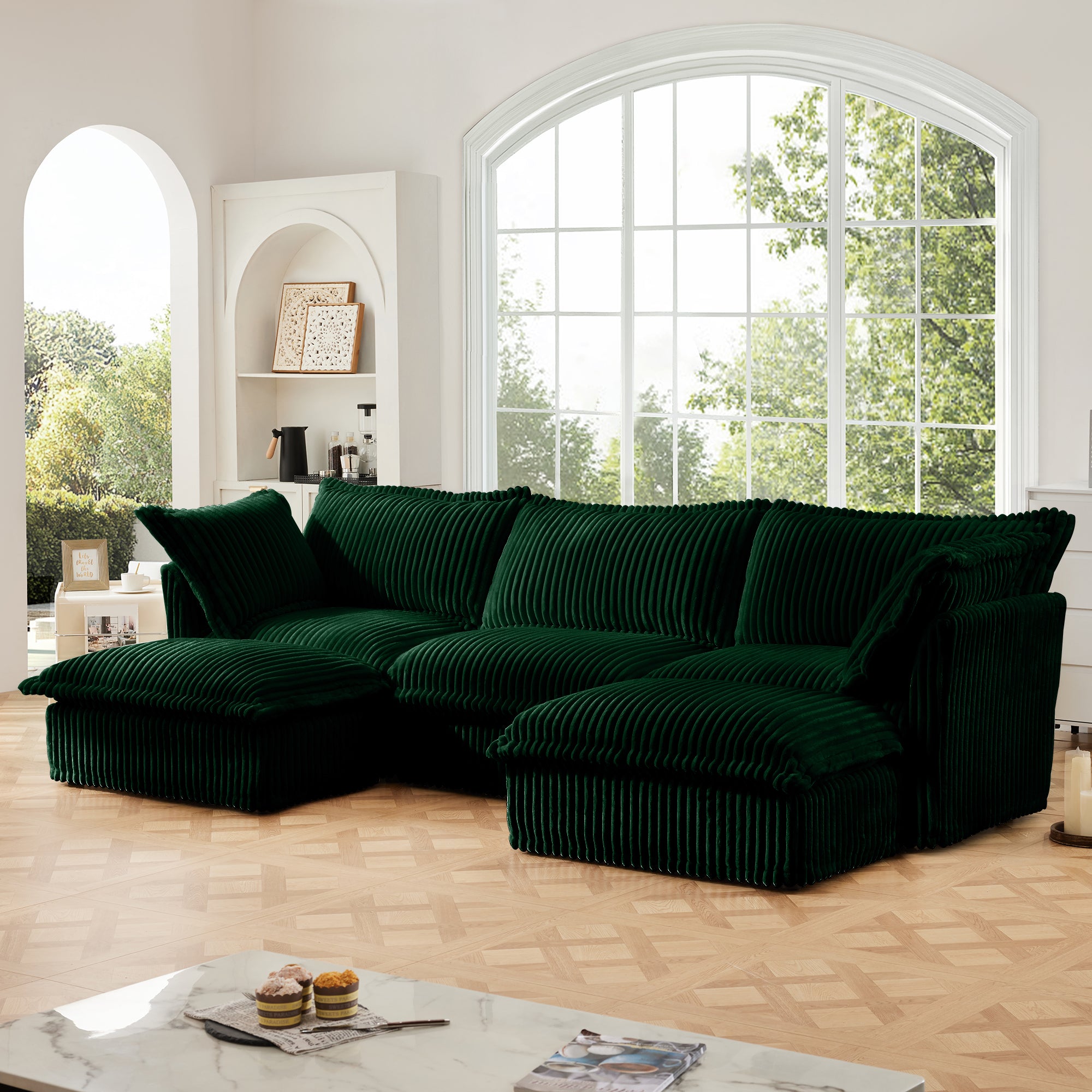 Slipcovered U-Shape Sectional Deep Seat Sofa Couch