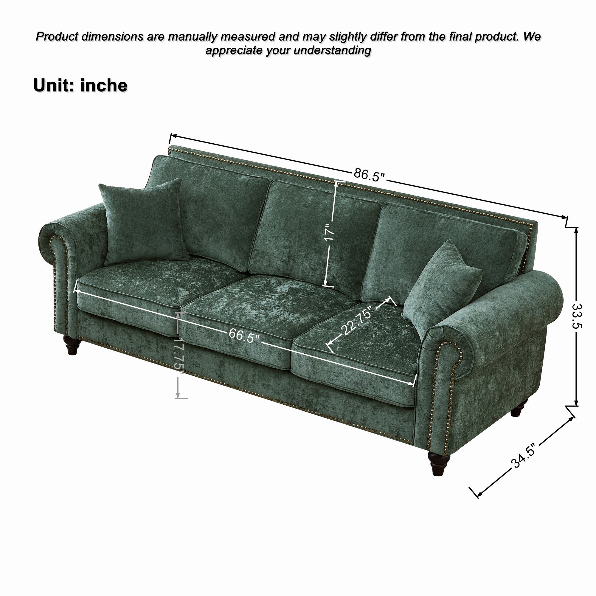 86" Modern 3-Seater Sofa with Rolled Arms