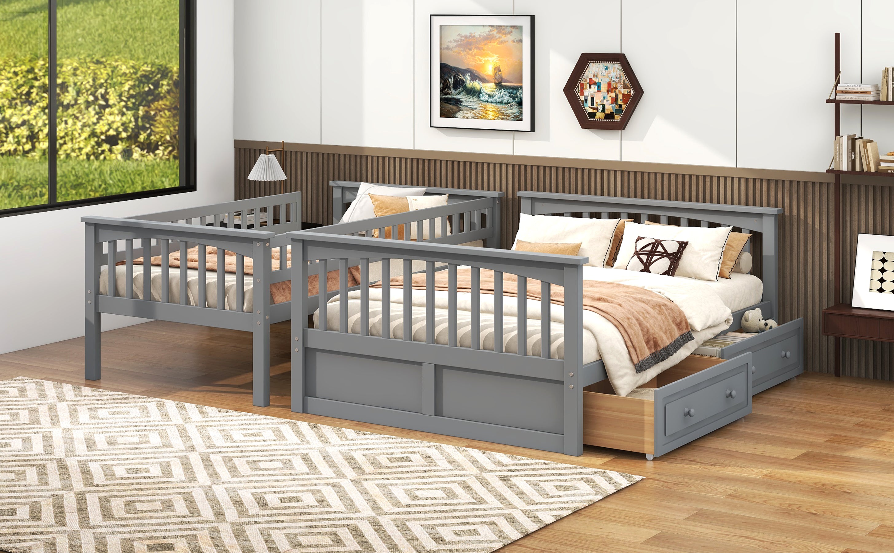 Twin Over Full Bunk Bed with Drawers, Convertible Beds