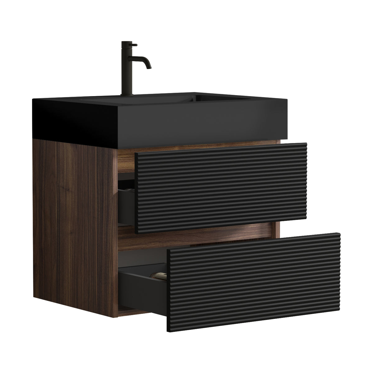 Grace 24-Inch Wall-Mounted Bathroom Vanity with Soft-Close Drawers, Black and Walnut