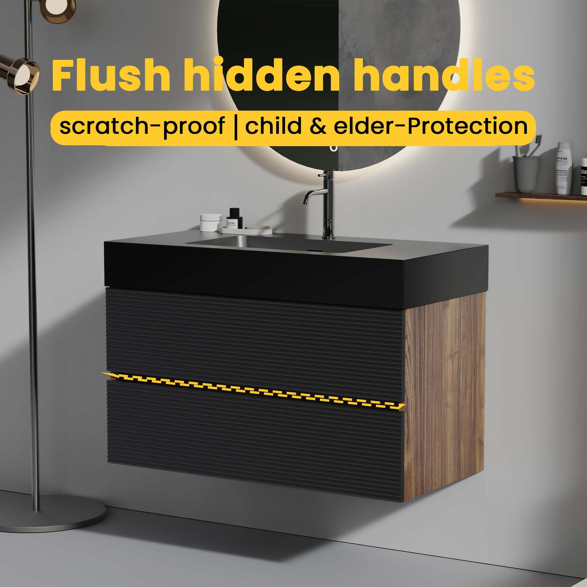 Grace 36" Wall-Mounted Bathroom Vanity, Walnut and Black with Solid Surface Sink
