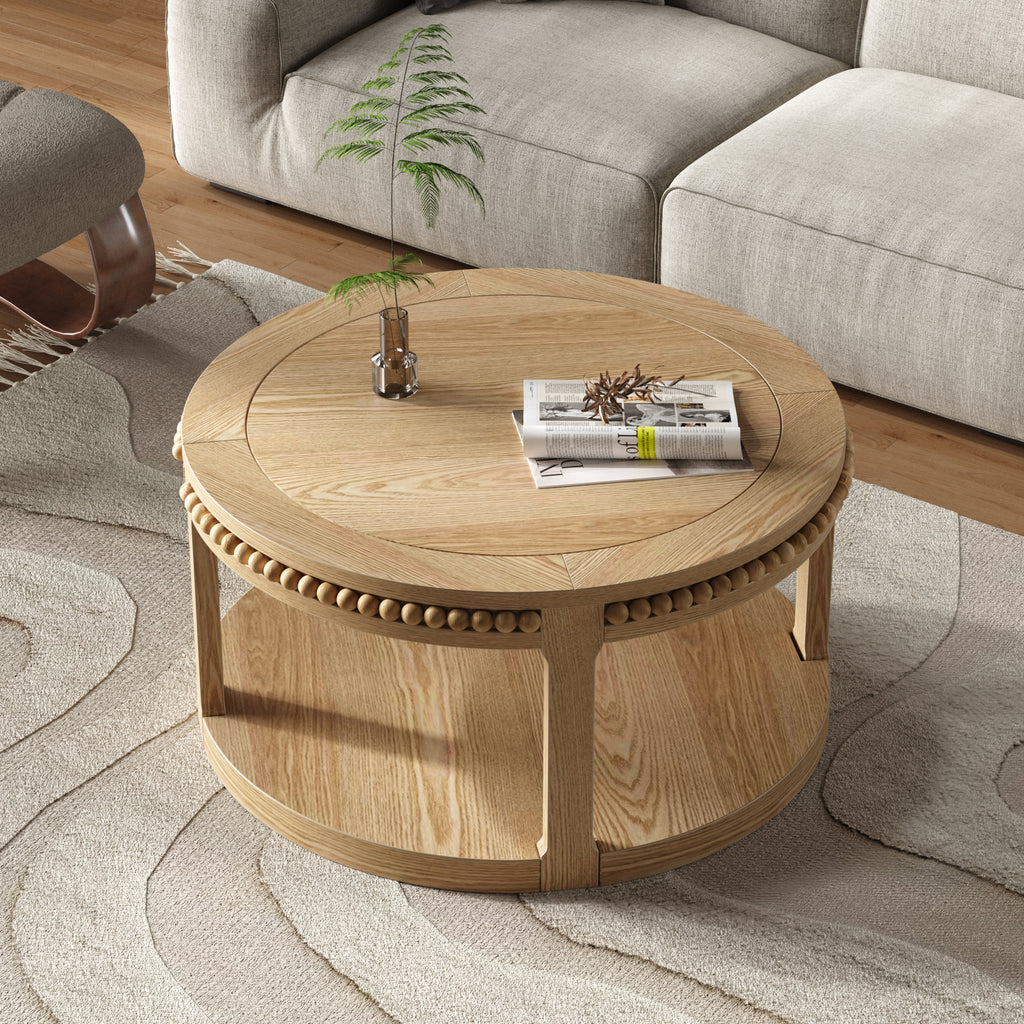 Round Solid Wood Coffee Table, 31.5 Inch, Two-Tier, Natural Wood