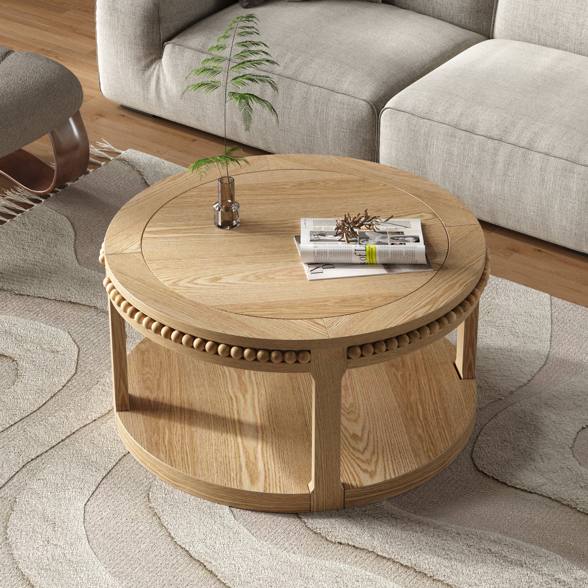 Round Solid Wood Coffee Table, 31.5 Inch, Two-Tier, Natural Wood
