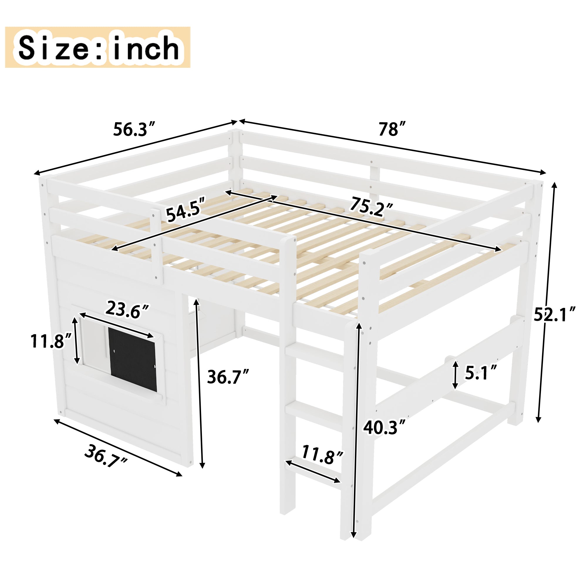 Full Size Loft Bed with Playful Sliding Chalkboard and Bookshelf