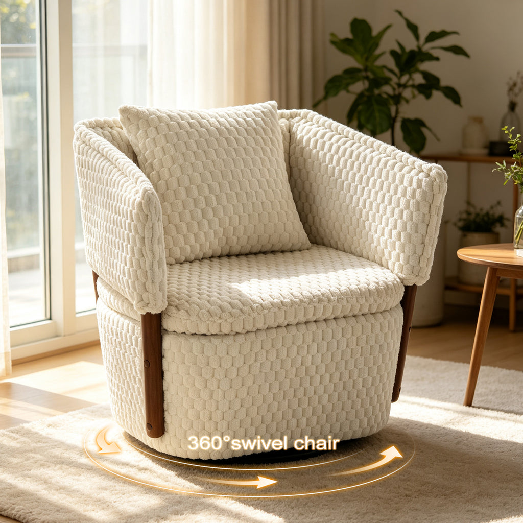 Mid Century Modern Accent Chair, Antique White Corduroy with 360° Swivel