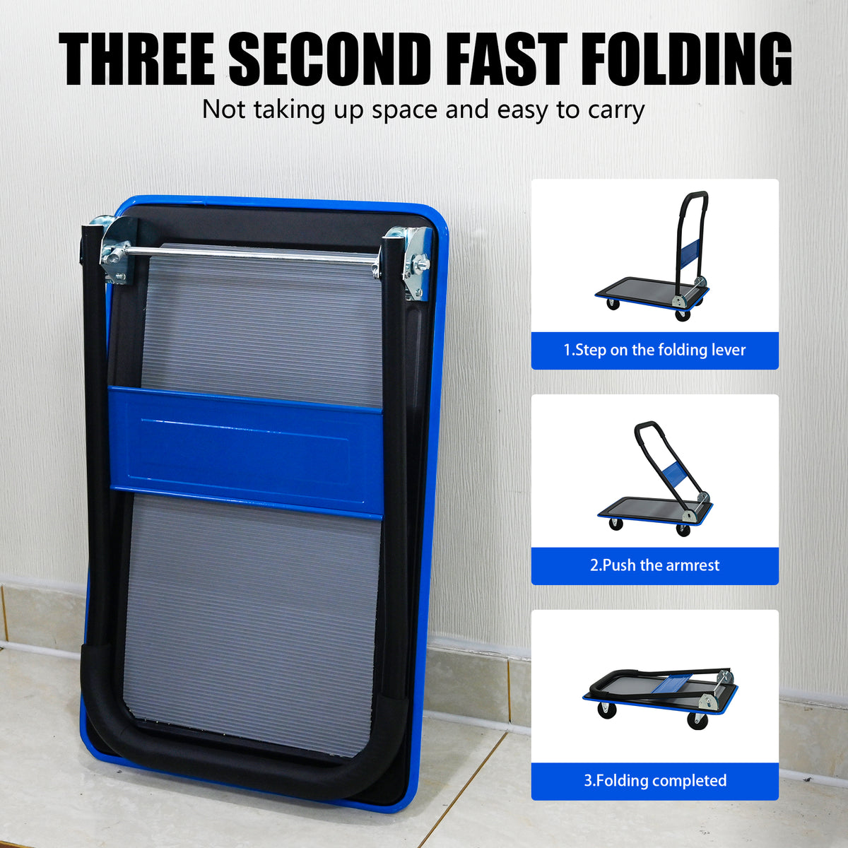 Flatbed Cart, 330-Pound Heavy Duty Capacity, Foldable Hand Truck, Blue