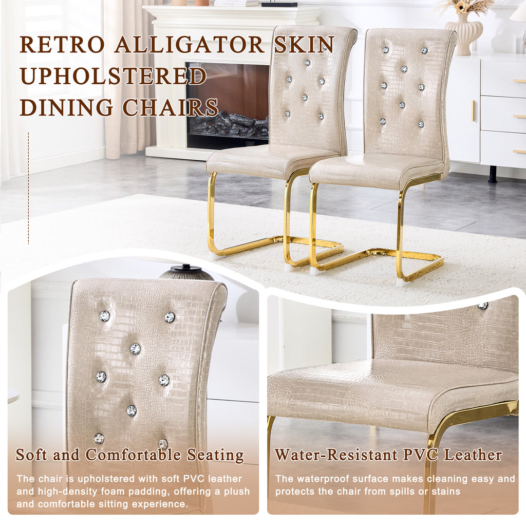 Set of 4 Retro Alligator Skin Dining Chairs, Beige Faux Leather with Crystal Buckles
