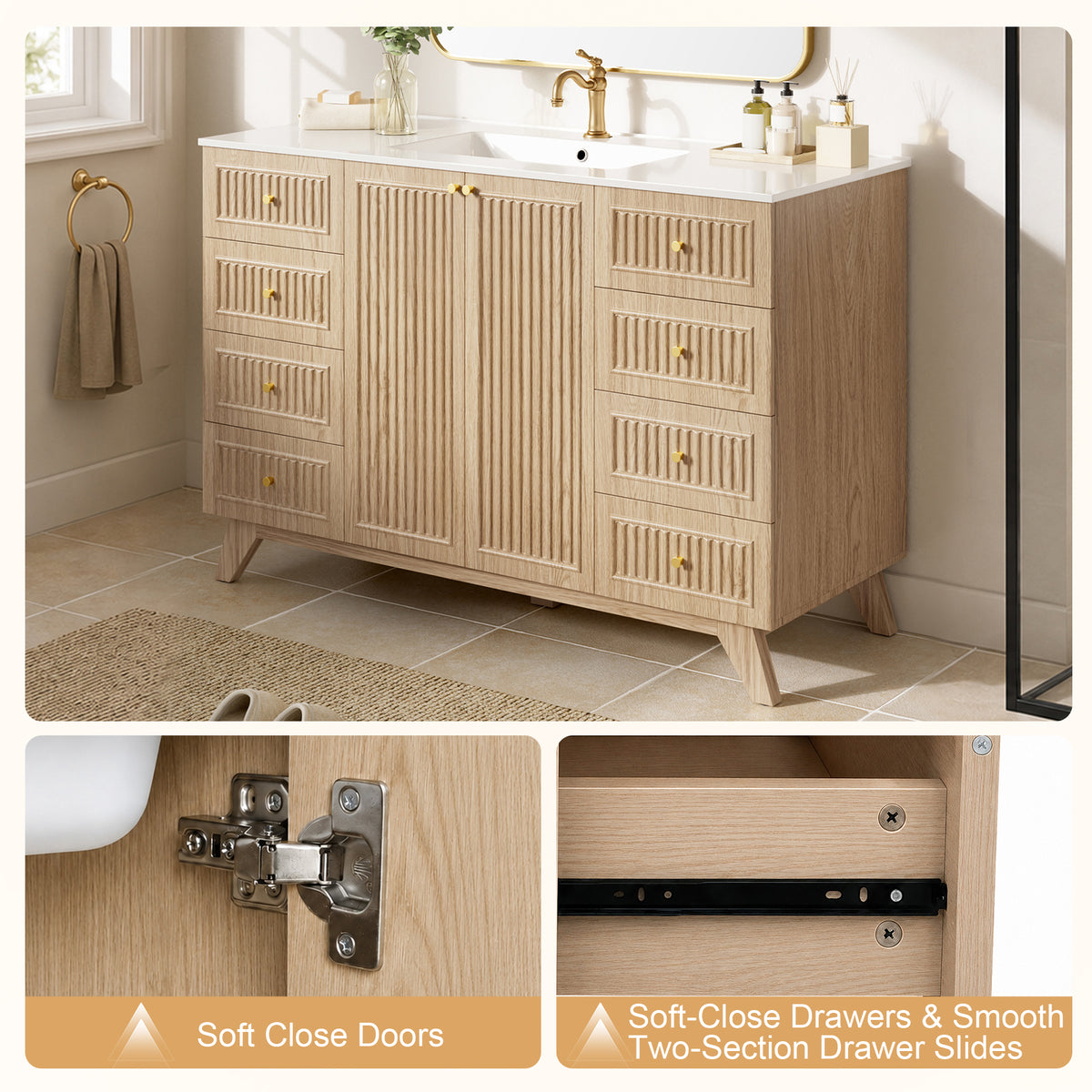 [Video]47.56" Freestanding Single-Sink Bathroom Vanity with SMC Top, MDF Cabinet, 8 Drawers, 2 Soft-Close Doors and Gold-Tone Aluminum Alloy Handles
