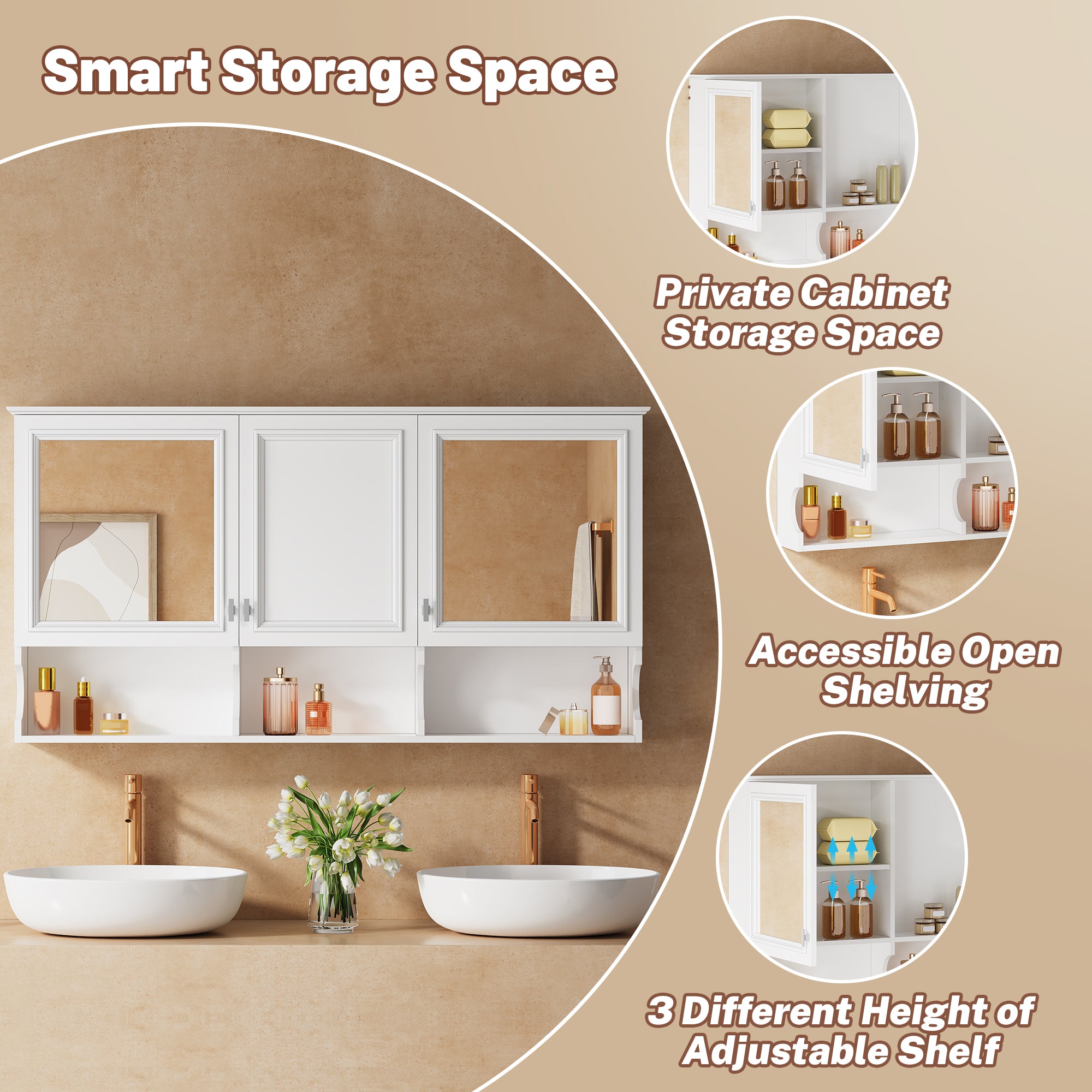 55 Inch Mirror Medicine Cabinet with Open Shelves