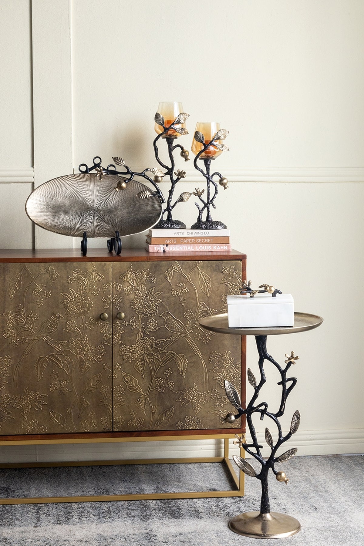 13.8x13.8x24 Black and Gold Aluminum Side Table with Pomegranate Design