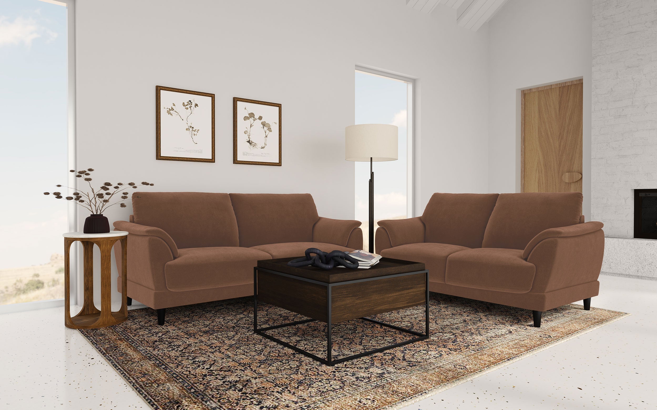 Selma 2-piece Velvet Upholstered Crescent Arm Sofa Set Rust-