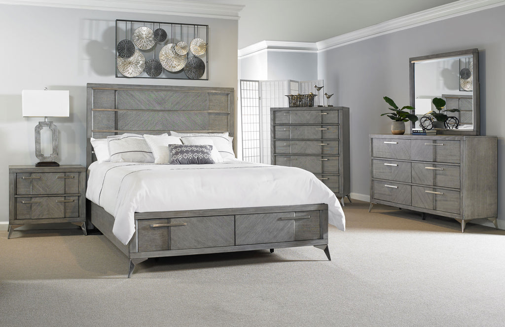 Gray Queen Storage Bed with Book Matched Veneer