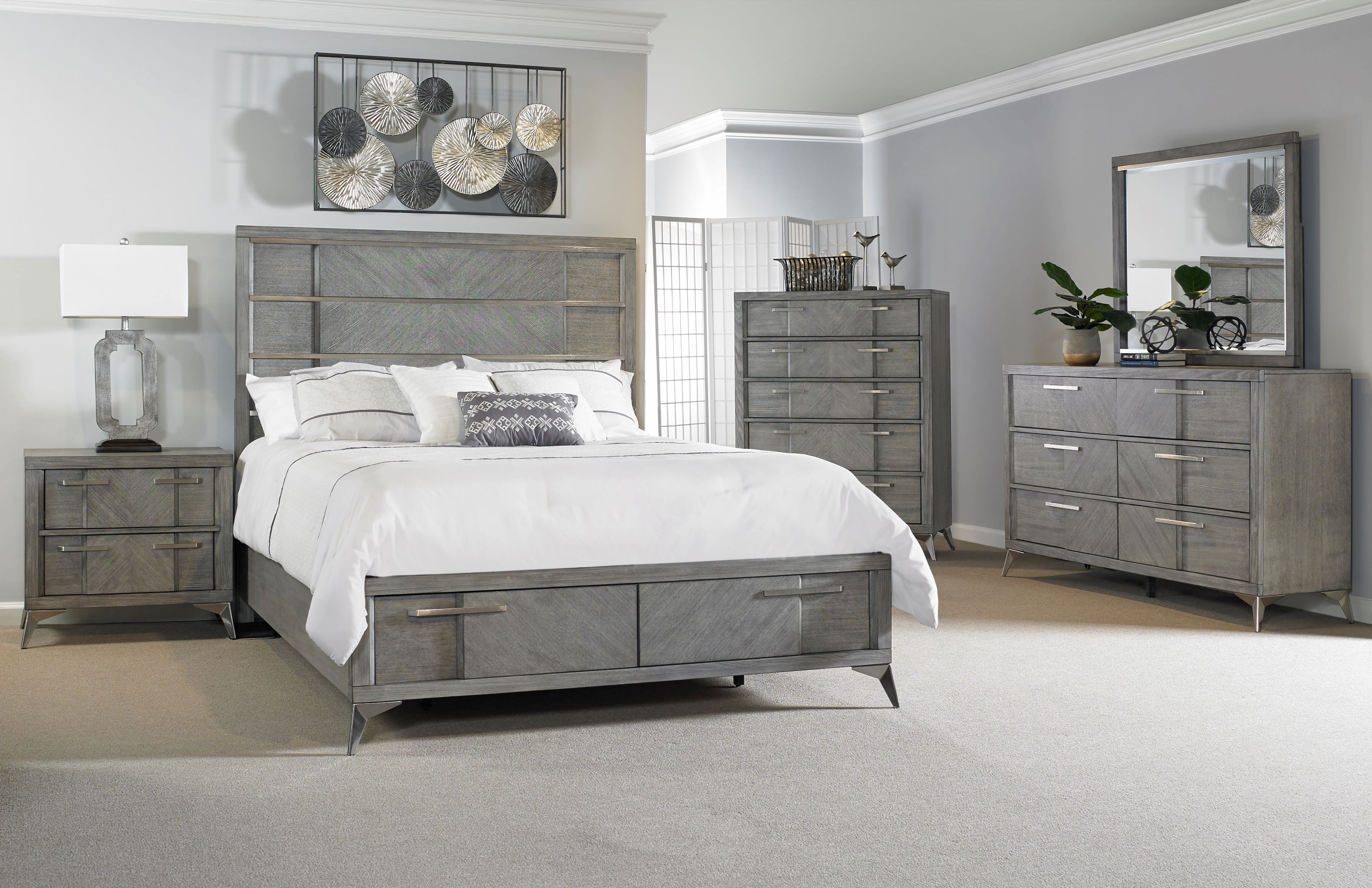 Gray Queen Storage Bed with Book Matched Veneer