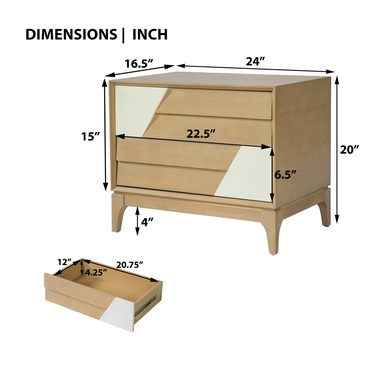 Modern 2-Drawer Nightstand, Japandi Style with Geometric Patchwork, Natural