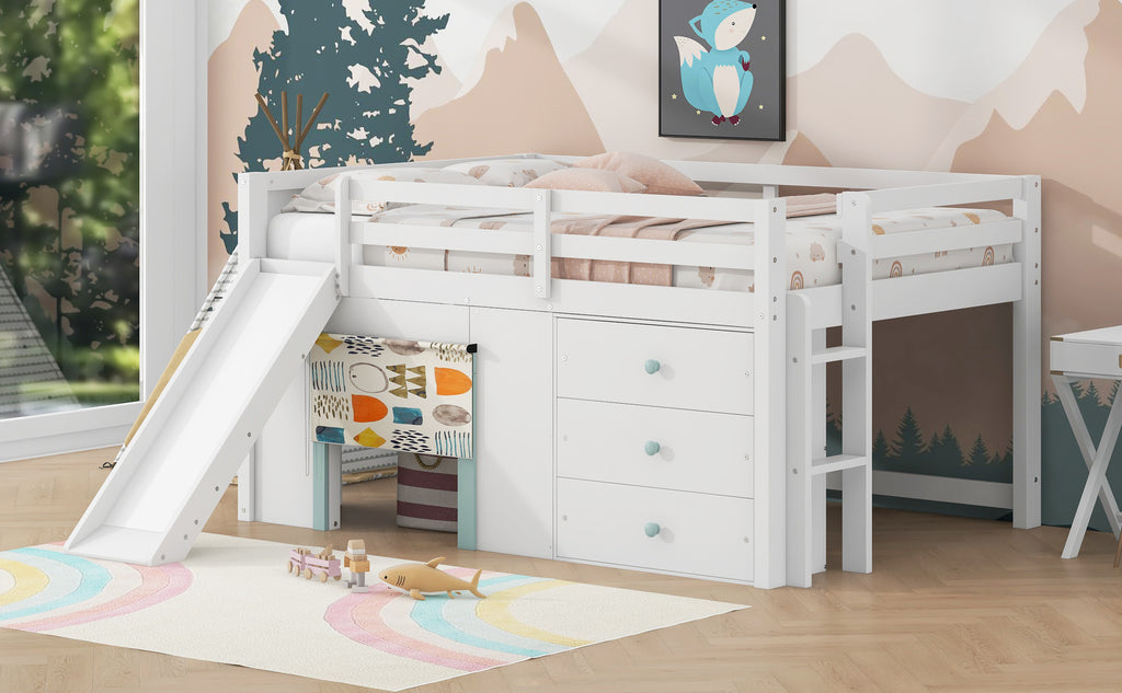 Full Size Low Loft Bed with Slide and Storage Drawers