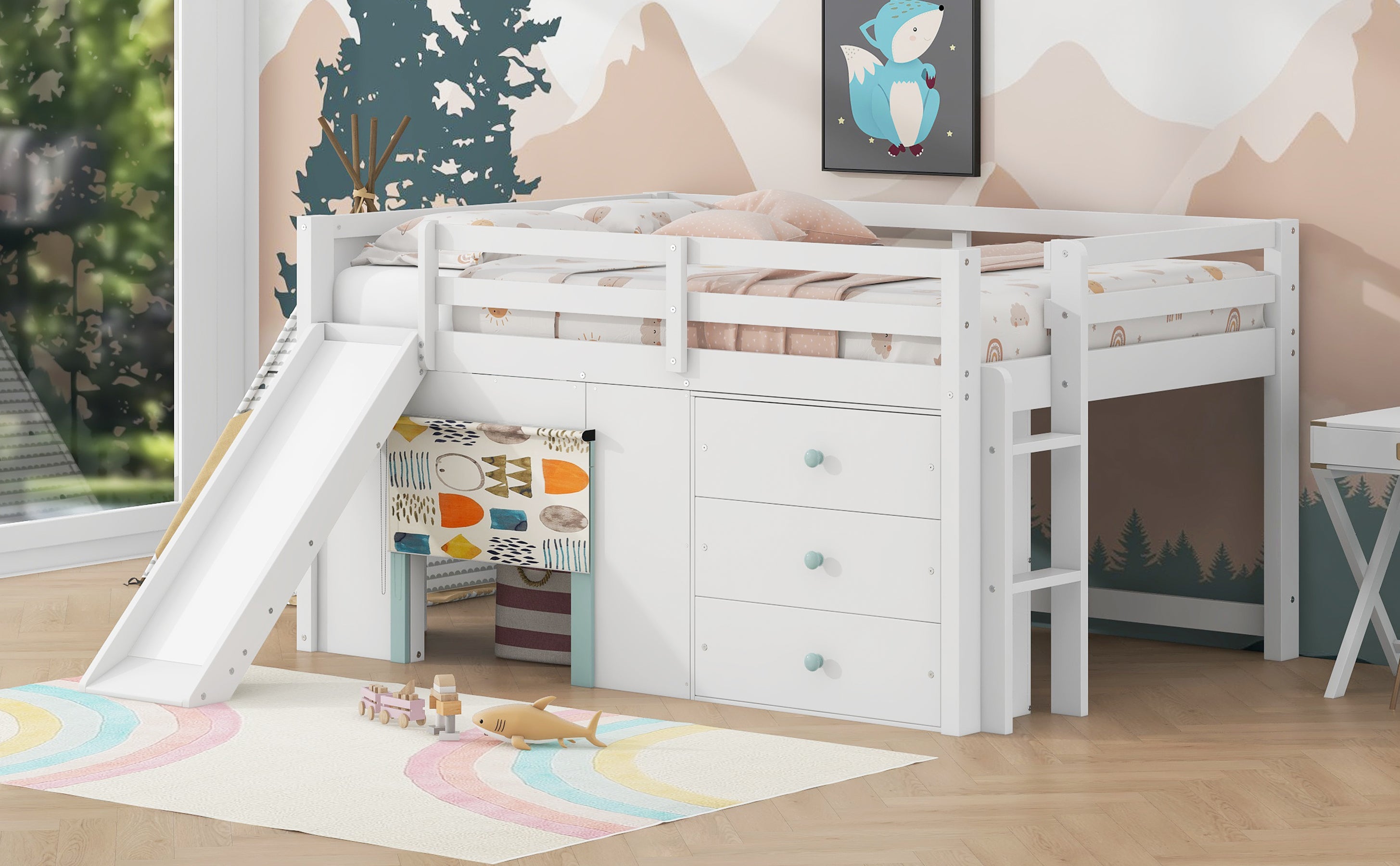 Full Size Low Loft Bed with Slide and Storage Drawers