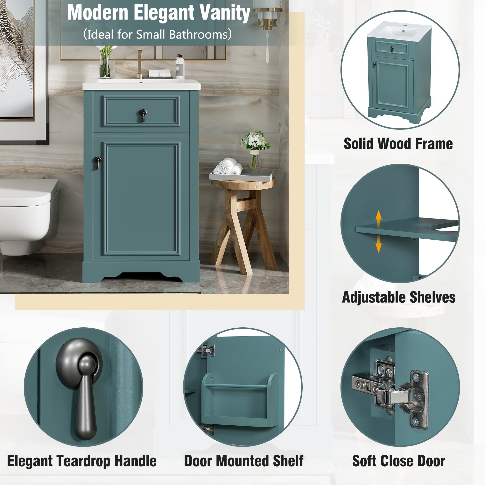 20-Inch Bathroom Vanity with Ceramic Sink, Soft Close Door & Storage Rack