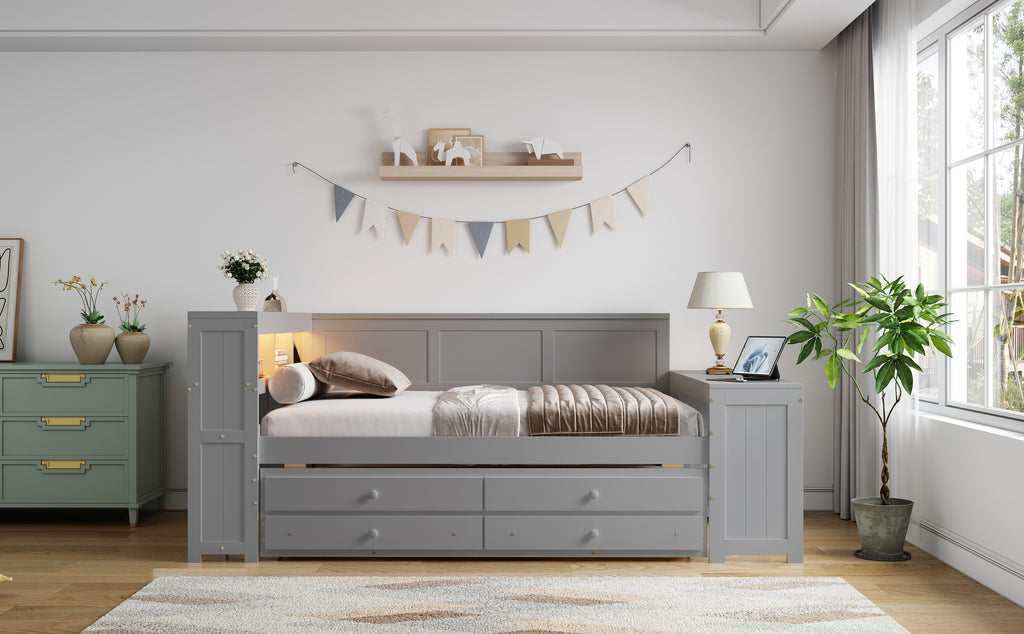 Full Size Daybed with Storage Shelves, Drawers, and Trundle