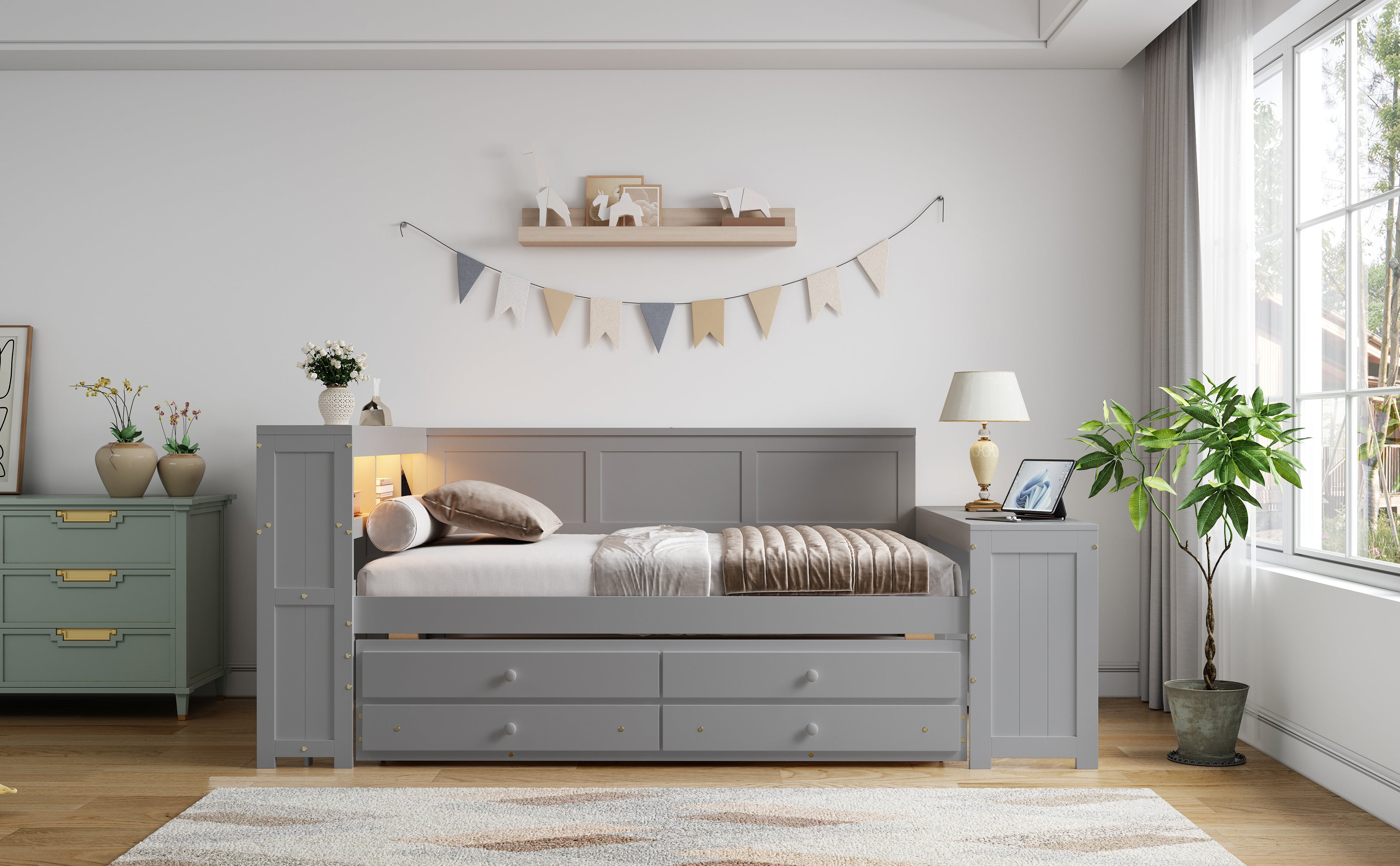 Full Size Daybed with Storage Shelves, Drawers, and Trundle
