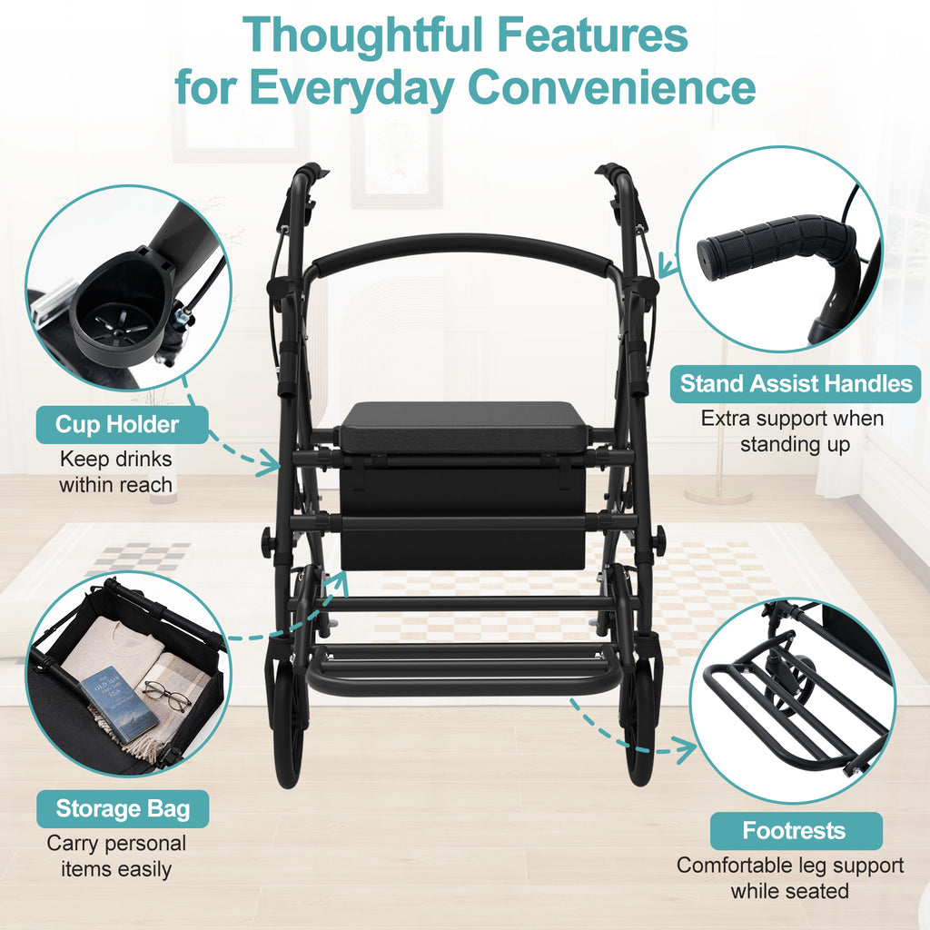 Rollator Walker with Seat for Seniors, 2-in-1 Combo, 8-Inch Wheels, Black