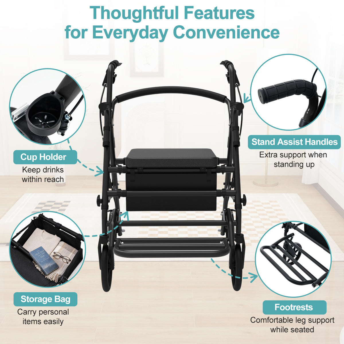 Rollator Walker with Seat for Seniors, 2-in-1 Combo, 8-Inch Wheels, Black