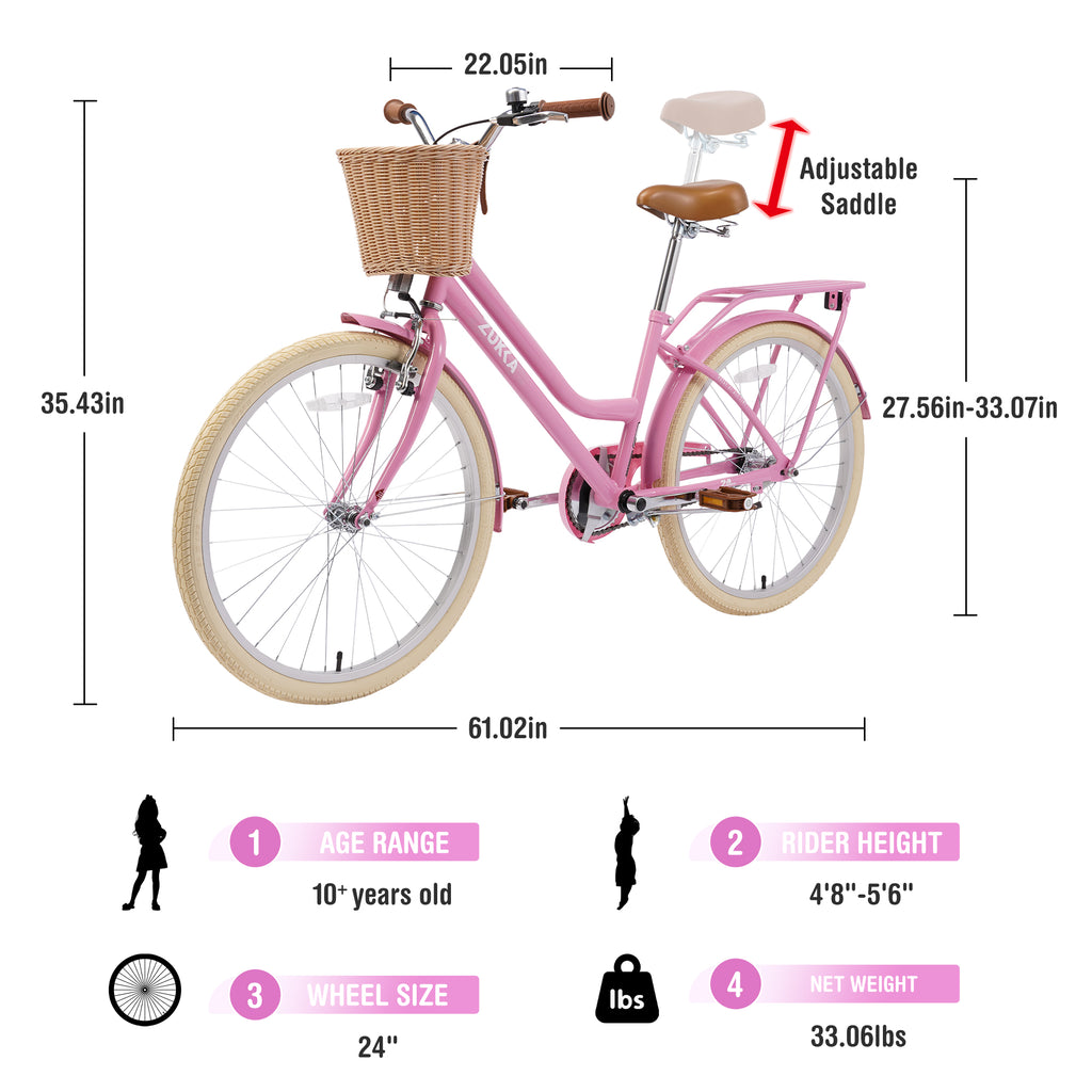 24 Inch Girls Bike, Steel Frame, Multiple Colors