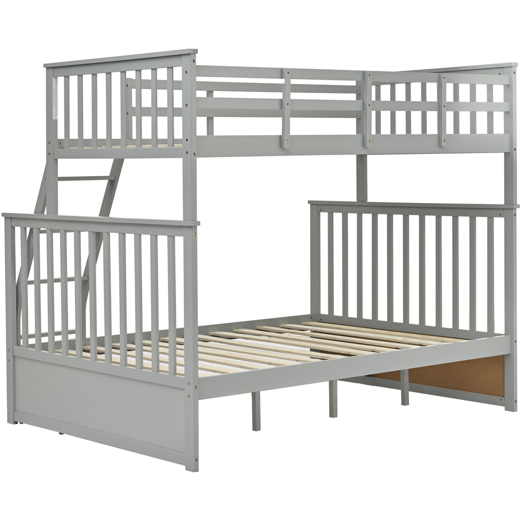 Twin Over Full Bunk Bed, Wooden Bunk Bed with Ladder and Safety Guard Rails – Gray