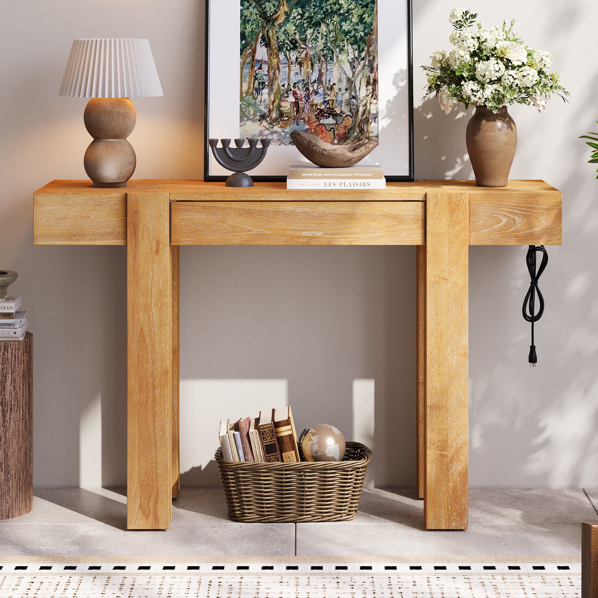 TREXM Rustic Minimalist Console Table with Hidden Drawer
