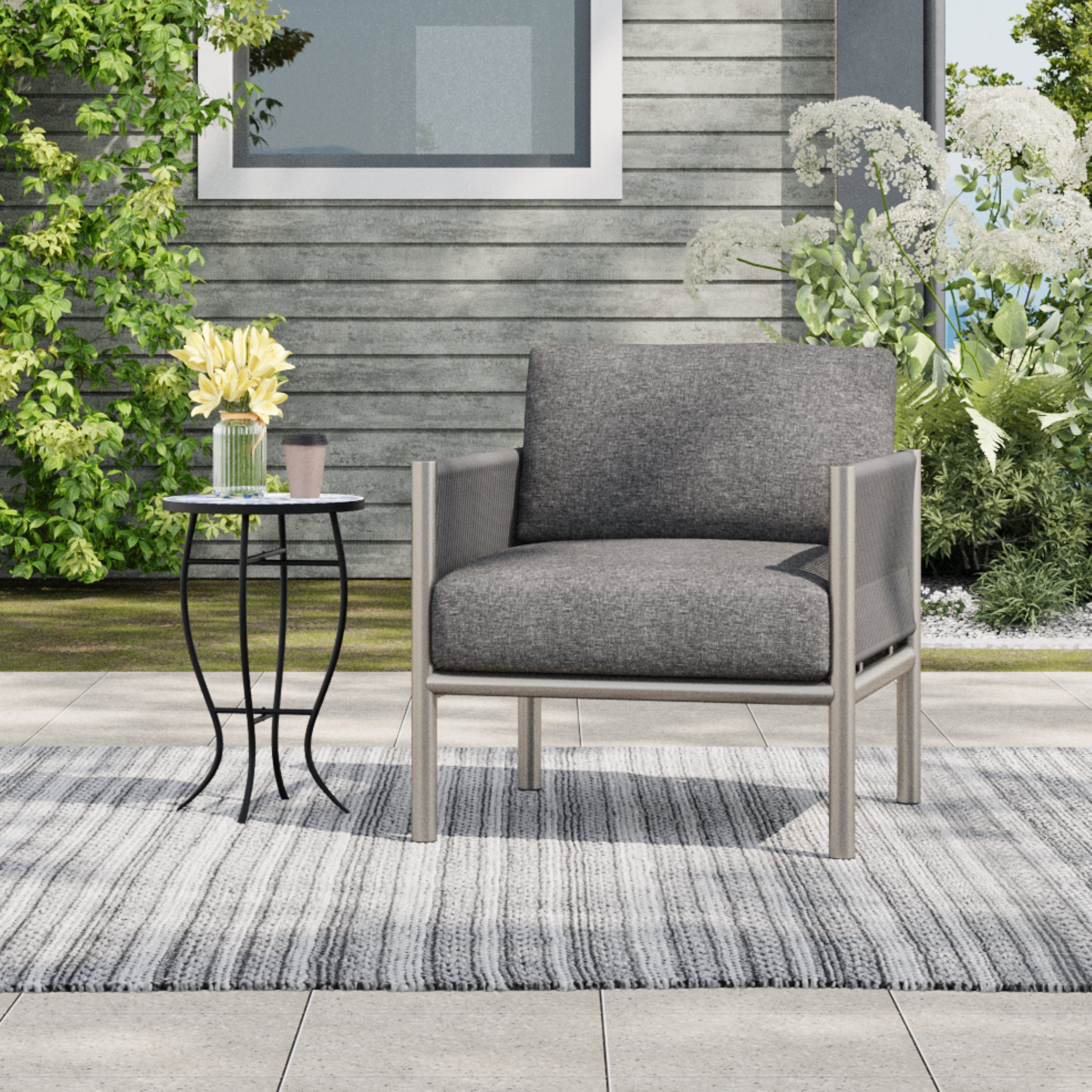 Hargrove Club Chair Stylish Aluminum Frame Braided Rope Sofa Silver Grey
