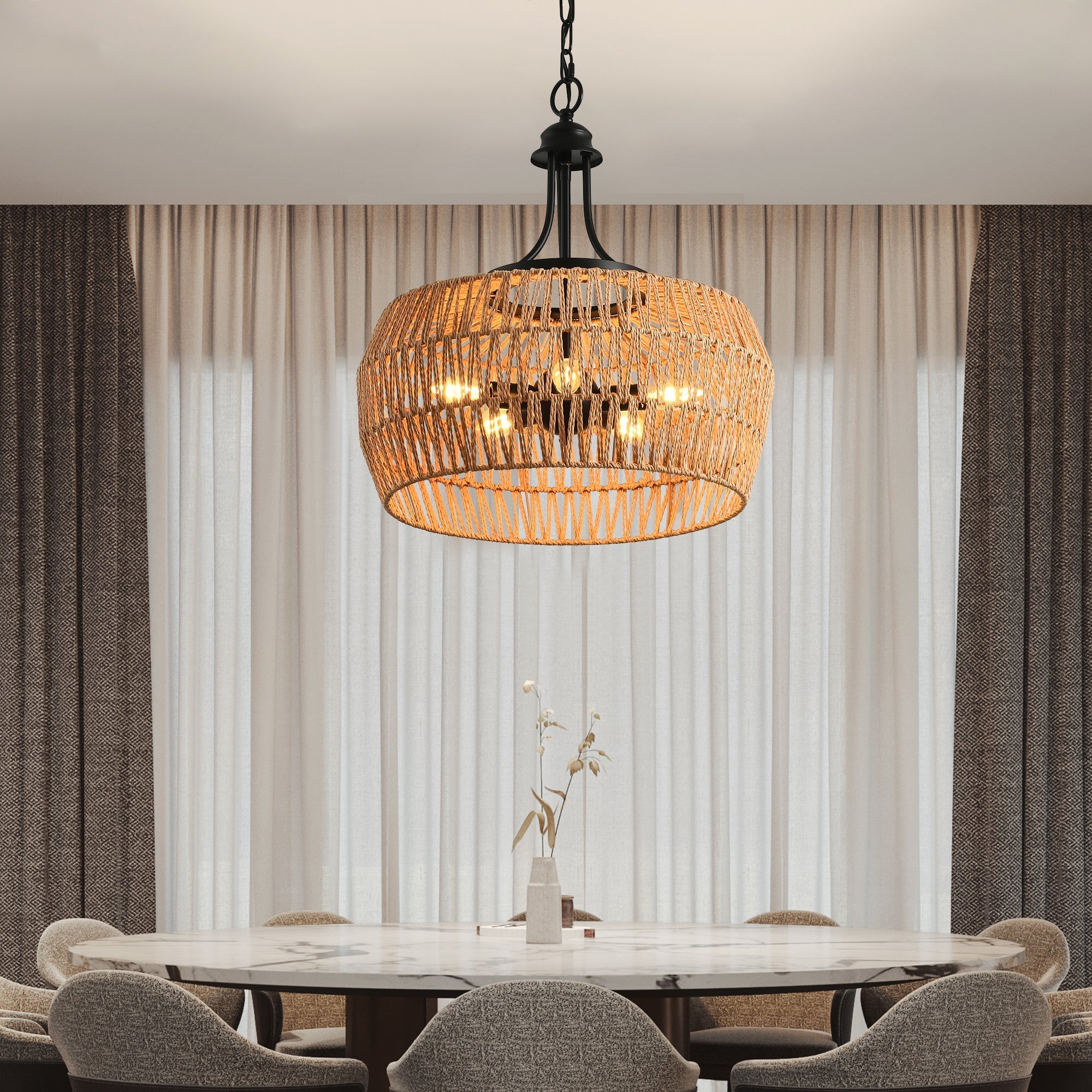 19' Boho Hemp Rope Pendant Light, Hand-Woven Jute Hanging Lamp