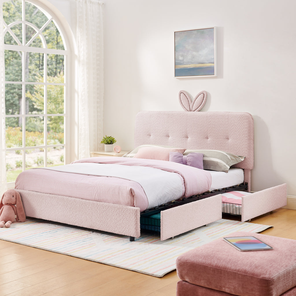 Queen Size Kids Upholstered Bed with Rabbit Ear Headboard