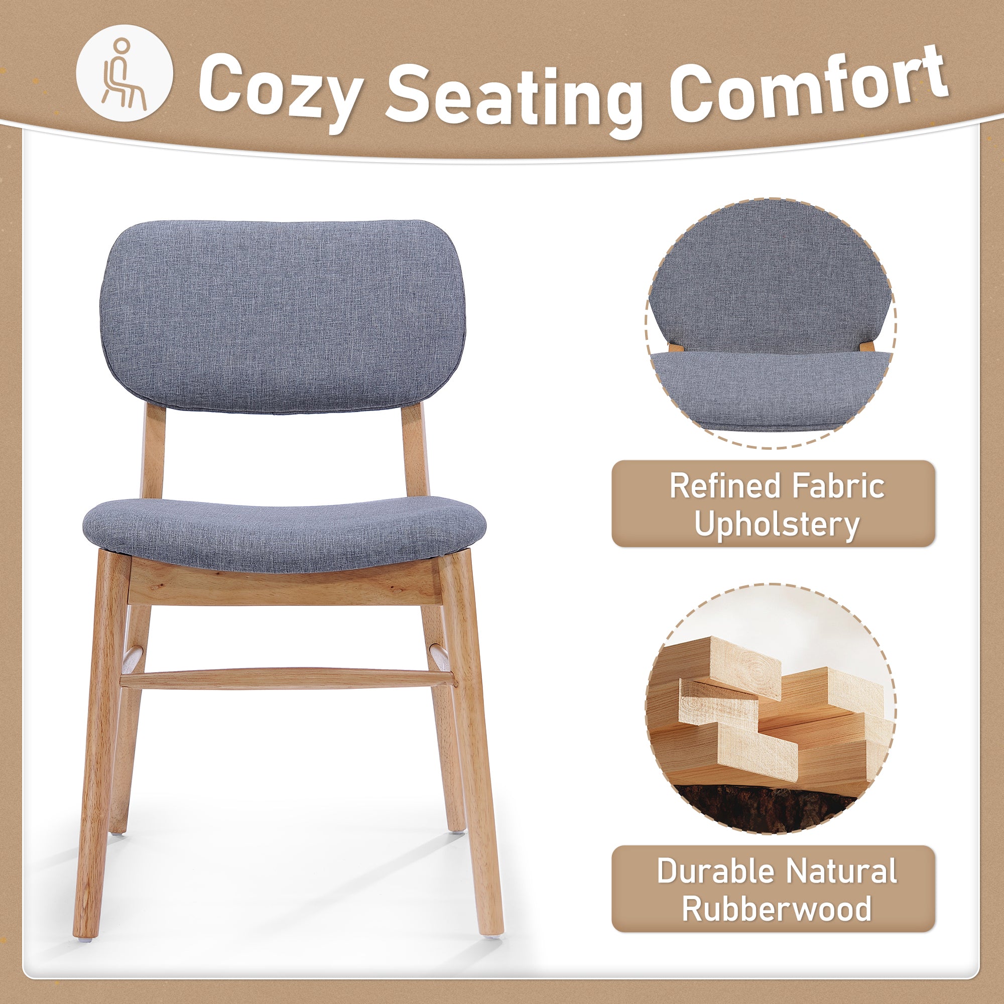 Set of 2 Mid-Century Upholstered Dining Chair with Rubberwood Frame