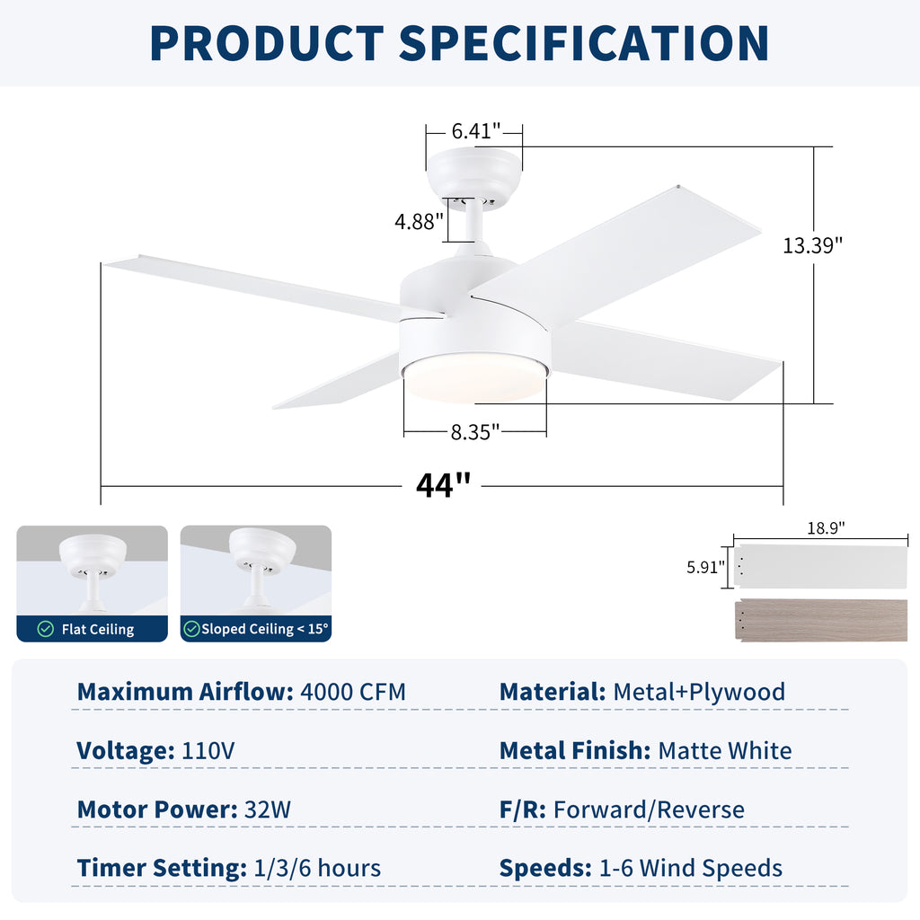 44" Ceiling Fan with Lights & Remote - Matte Finish