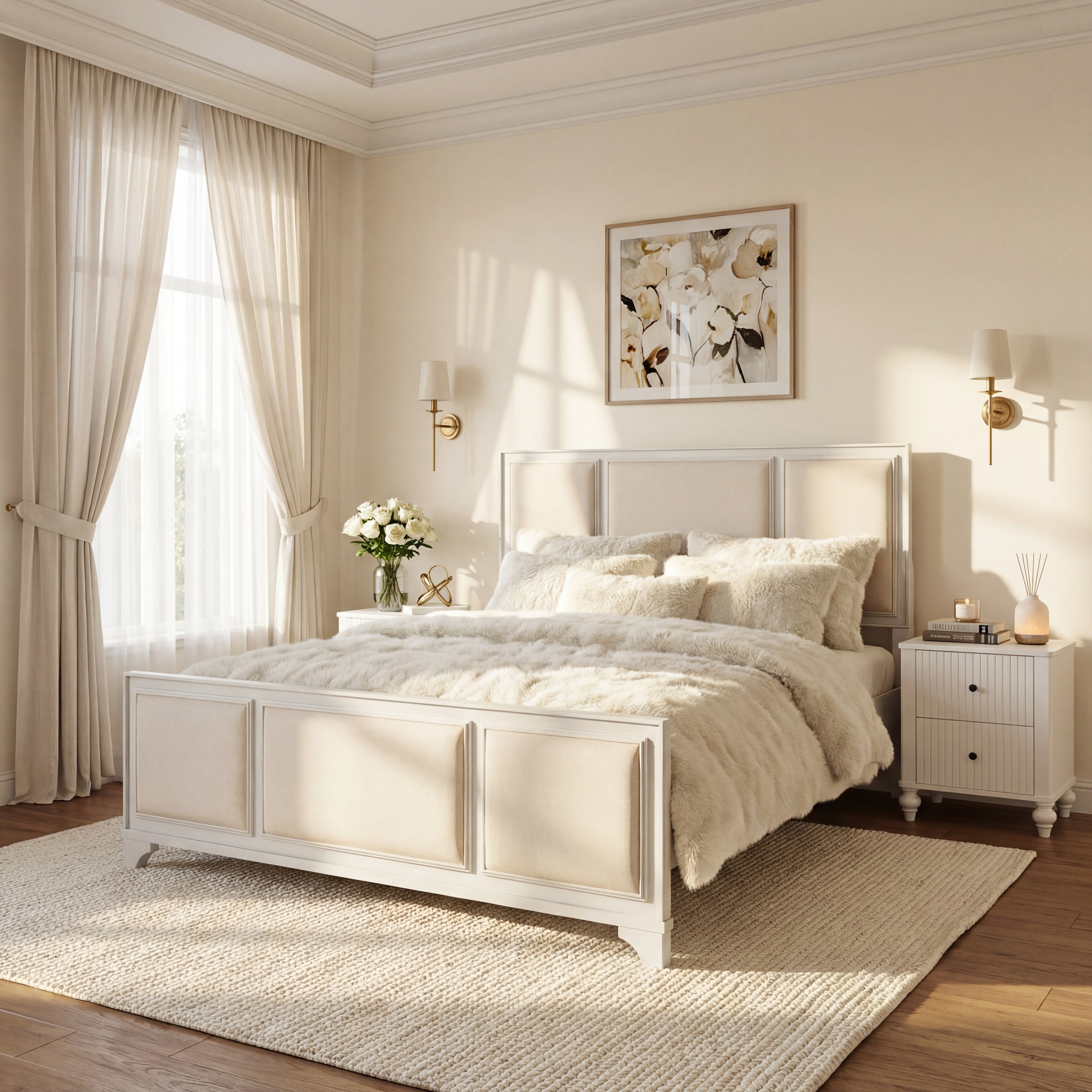 Queen Size Wooden Bed Frame with Upholstered Headboard