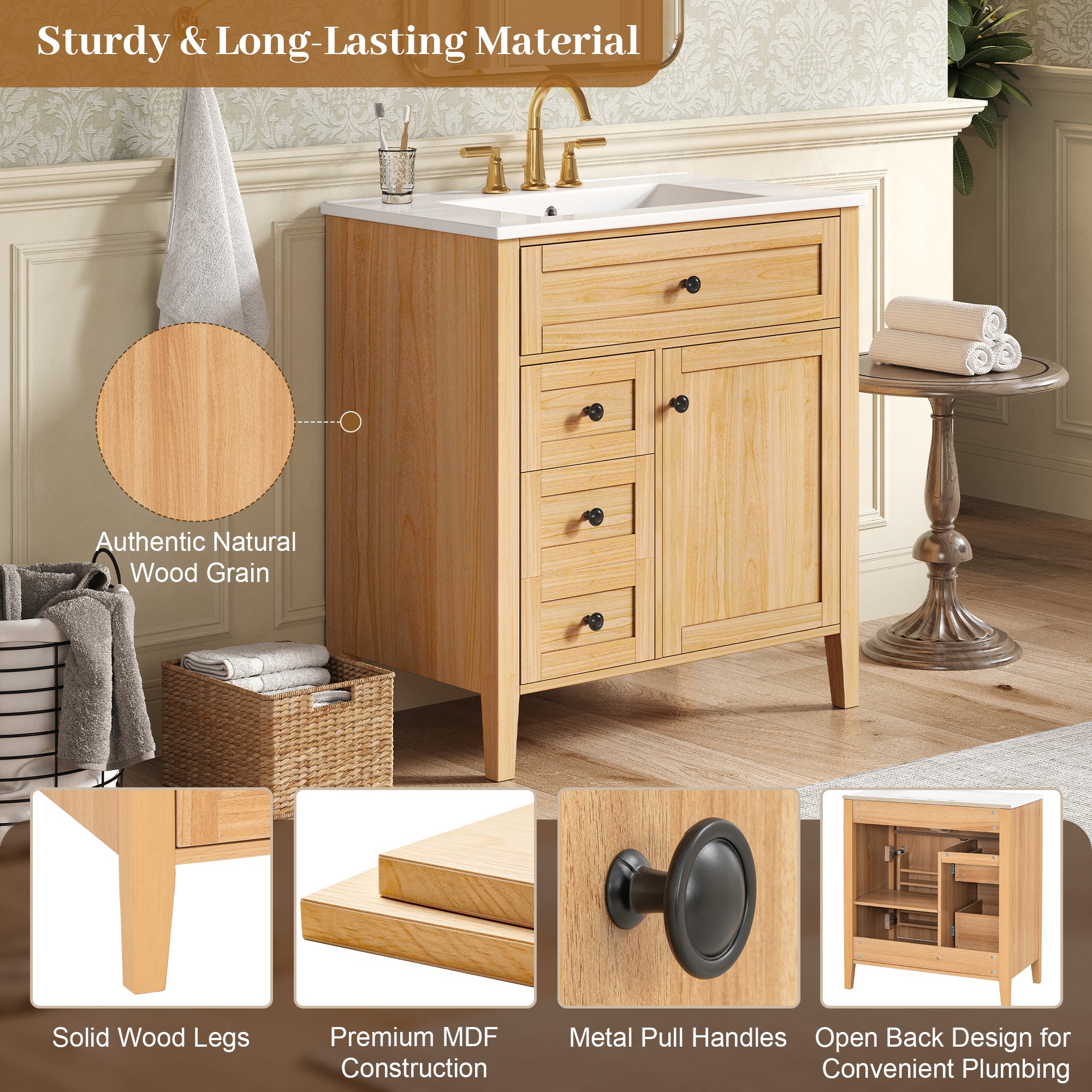 30" Natural Wood Grain Bathroom Vanity