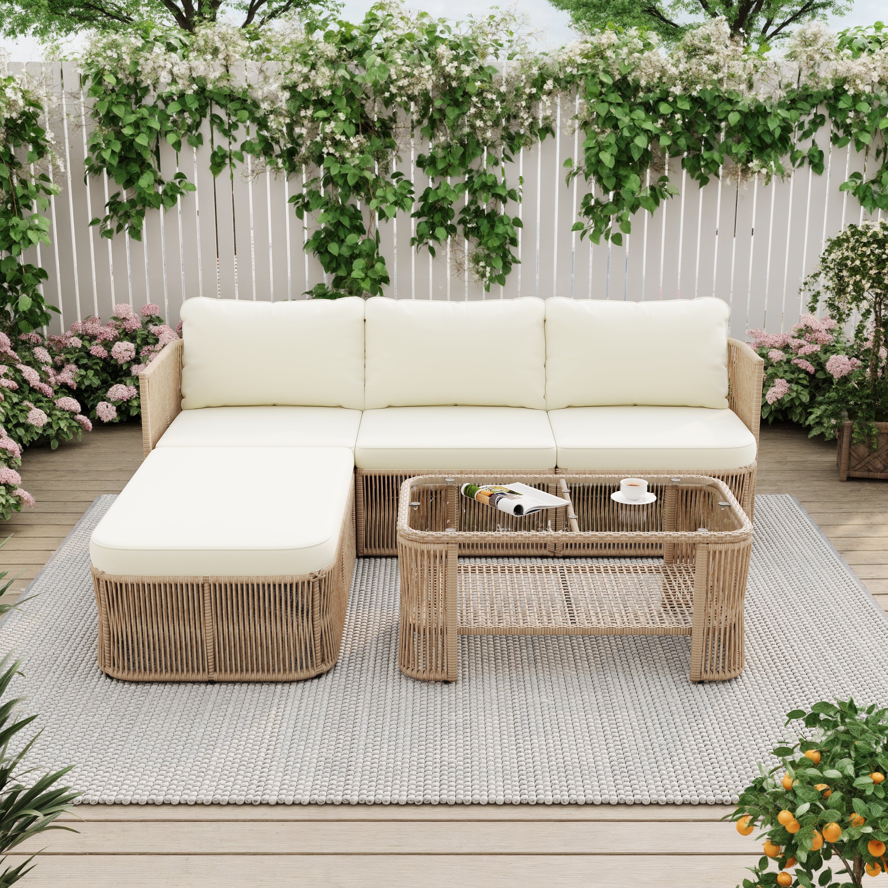 Outdoor PE Rattan Patio Furniture Set with Iron Frame, Dark
