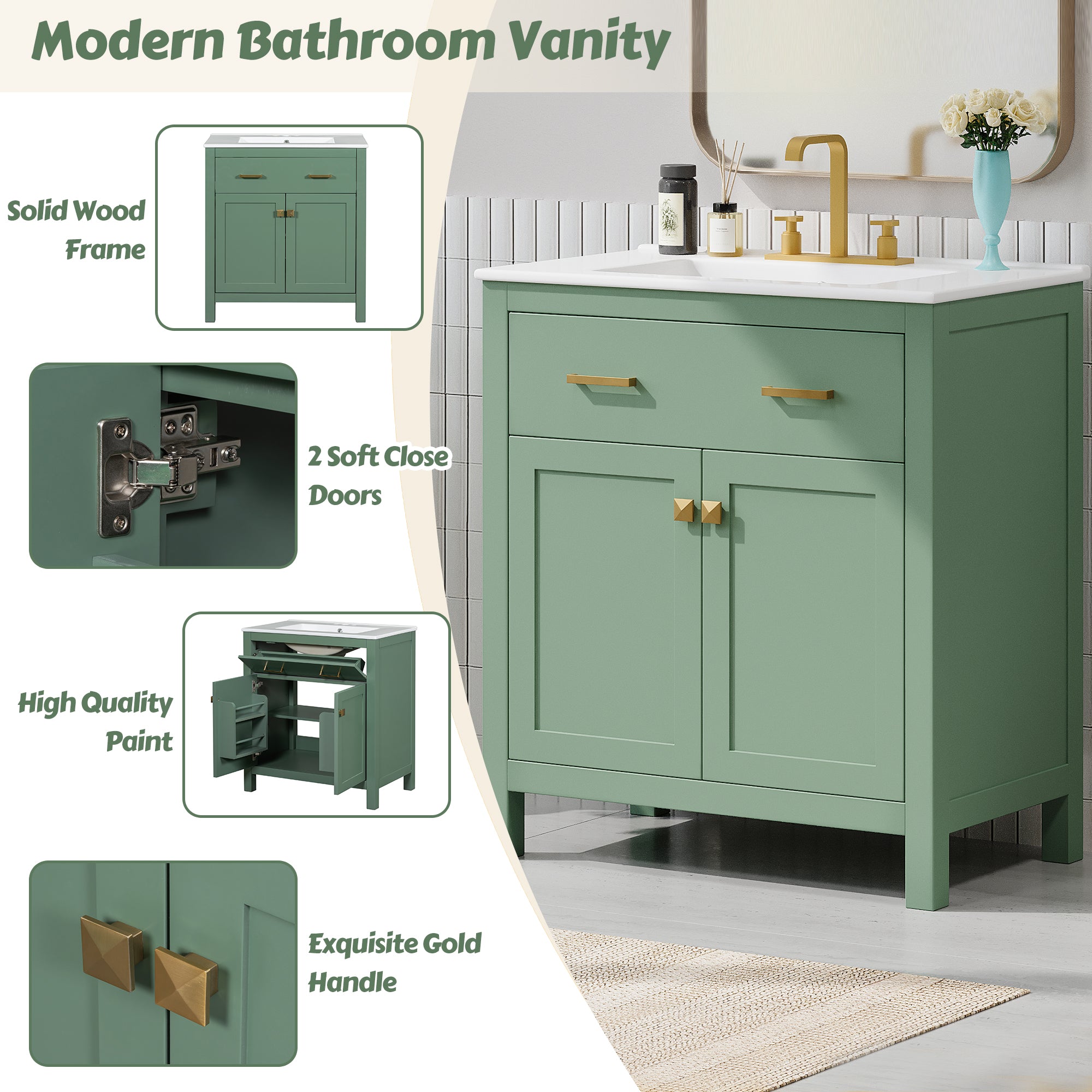 30-Inch Bathroom Vanity with Ceramic Sink - Modern