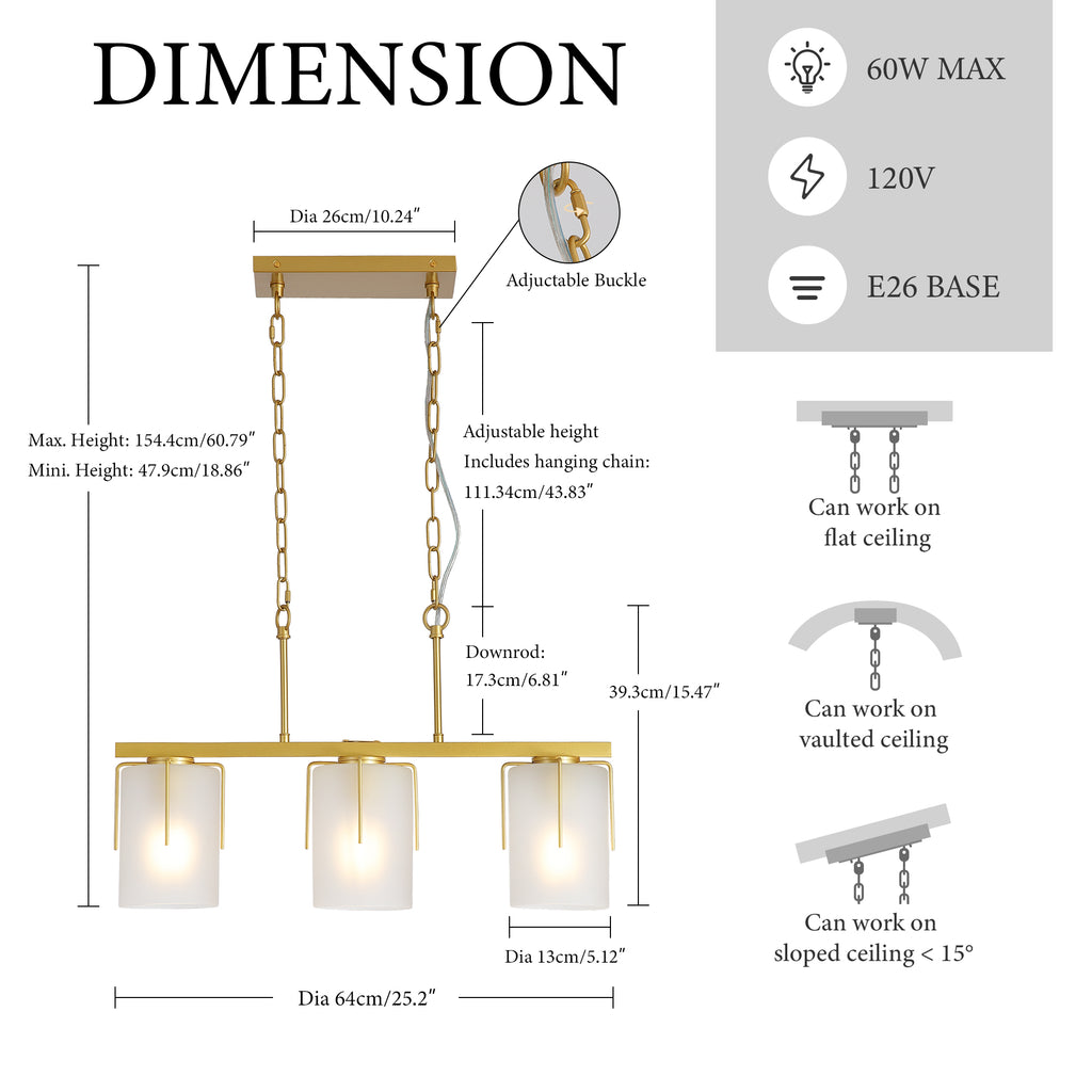 Modern Gold 3-Light Linear Chandelier with Frosted Glass Shades