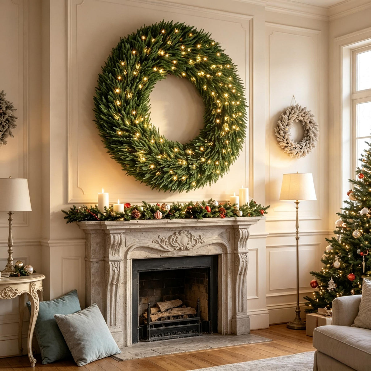 48 Inch Artificial Norfolk Pine Christmas Wreath, Pre-Lit with LED Lights